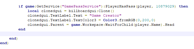 Giving Overhead Gui To Player That Owns Gamepass Won T Work Roblox Studio Wearedevs Forum - roblox color3 not working