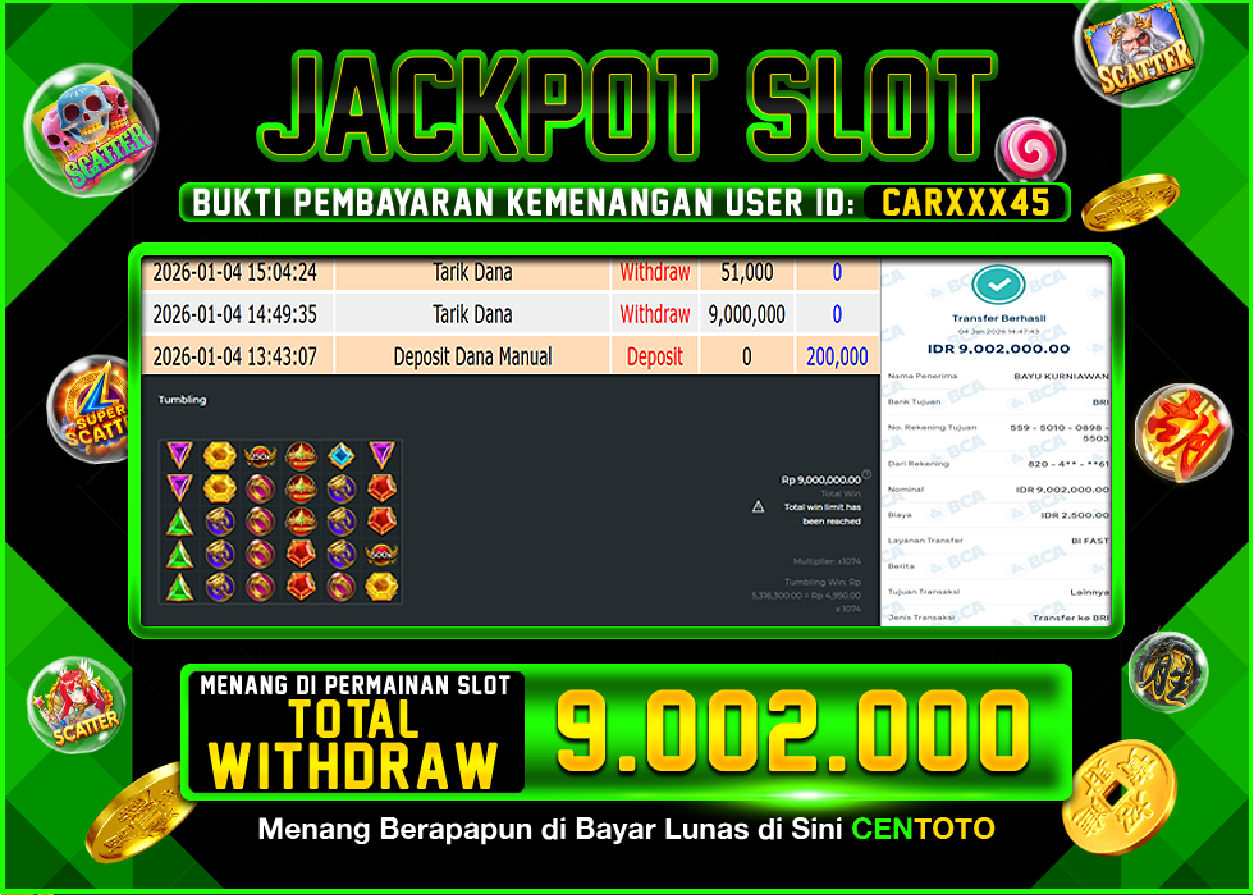 BUKTI JACKPOT SLOT CENTOTO  RP.9.002.000,-LUNAS