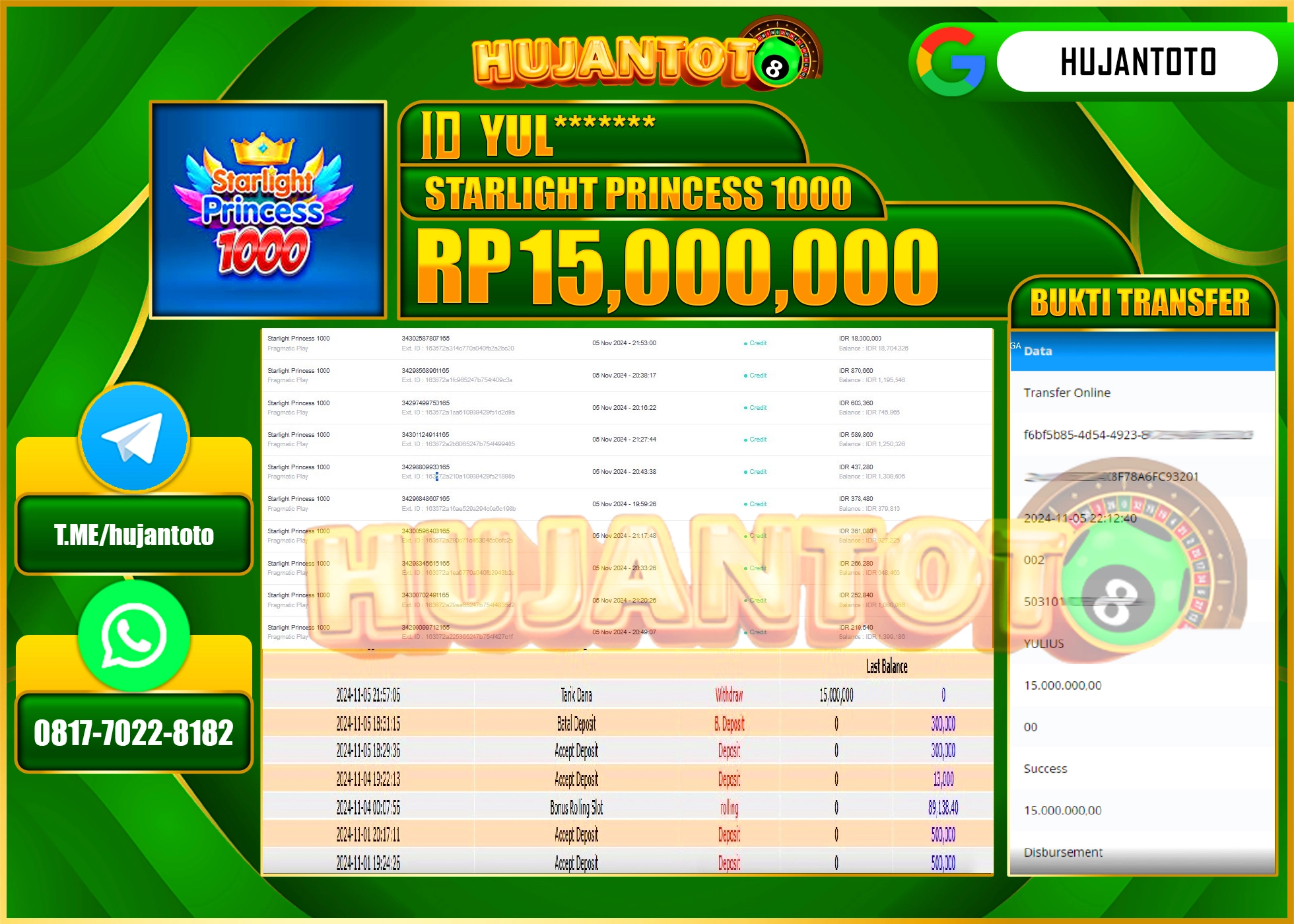 HUJANTOTO MENANG DI PERMAINAN  GAME STARLIGHT PRINCESS 1000   - 15,000,000 - LUNAS