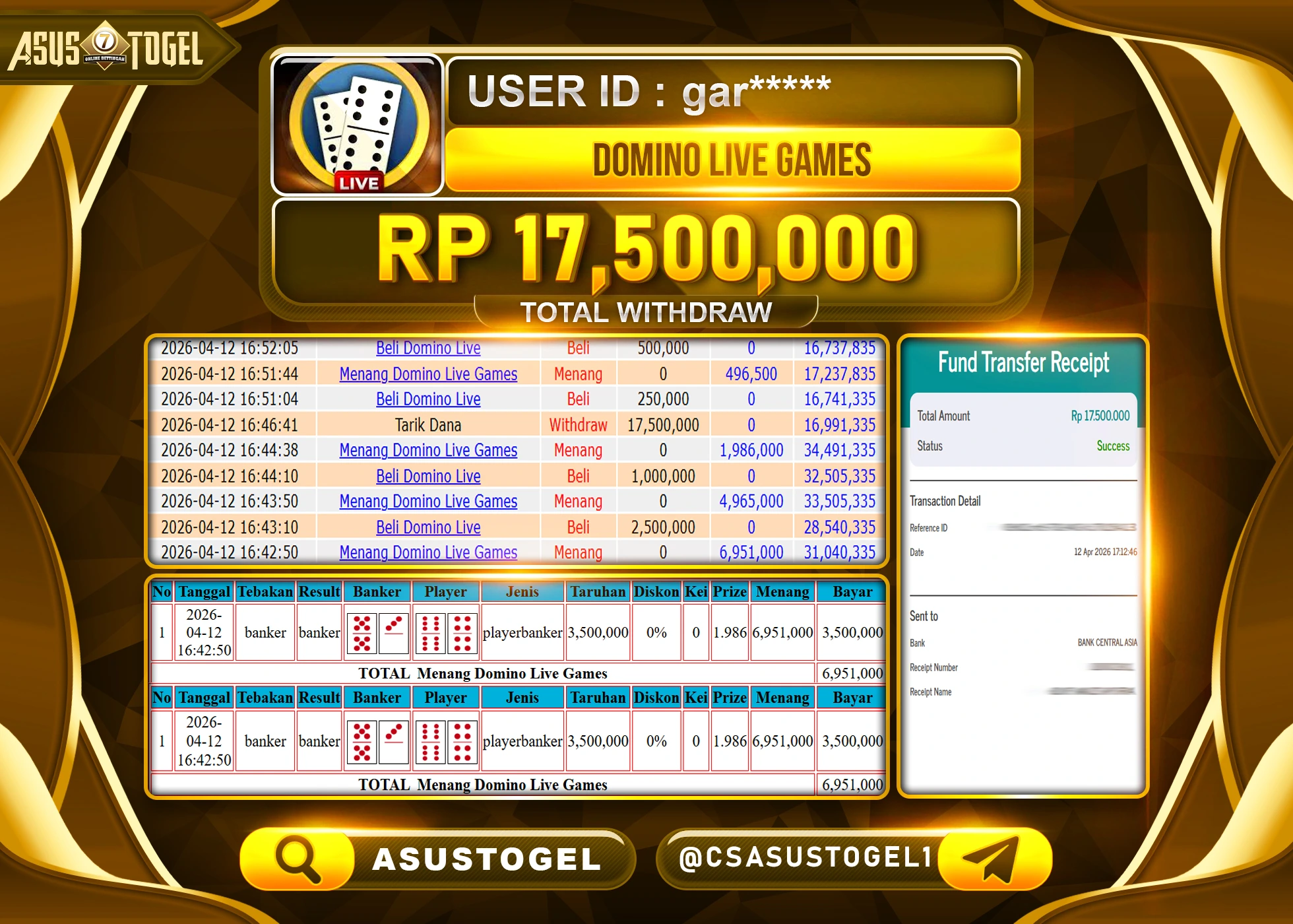 ASUSTOGEL KEMENANGAN JACKPOT DI PERMAINAN DOMINO LIVEGAME  SEBESAR Rp.17,500,000 - RUPIAH LUNAS
