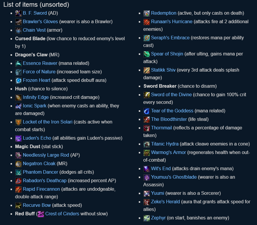 Lista de objetos de Teamfight Tactics. Fuente: https://leagueoflegends.fandom.com/wiki/Teamfight_Tactics Lista de objetos de Teamfight Tactics. Fuente: https://leagueoflegends.fandom.com/wiki/Teamfight_Tactics