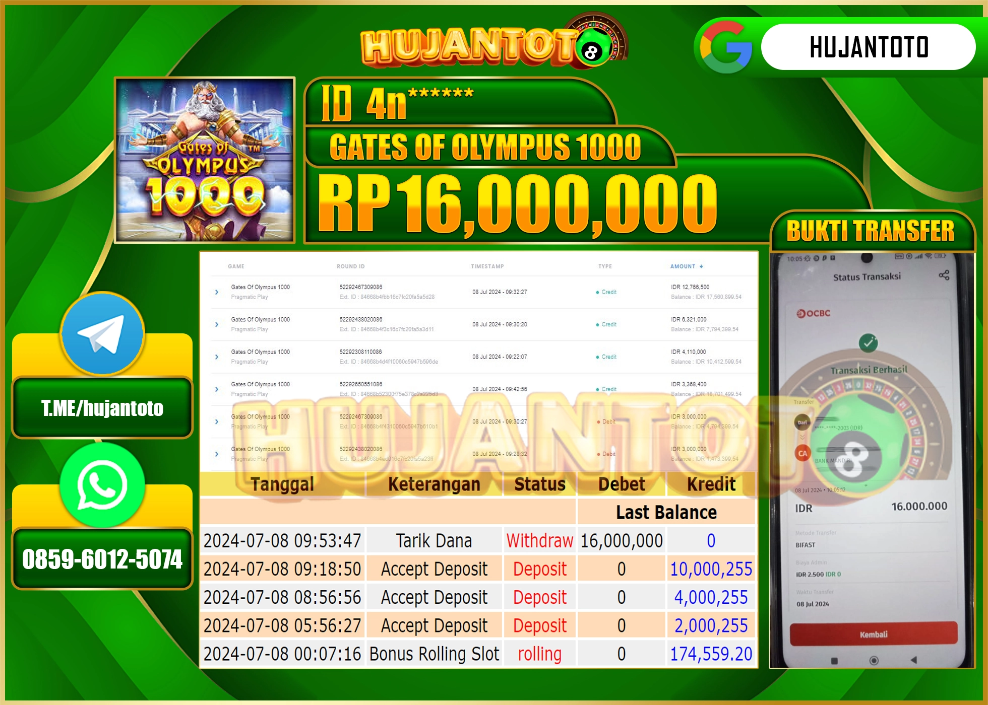 HUJANTOTO MENANG SLOT Gates Of Olympus 1000 (Pragmatic Play)  16.000.000 - LUNAS 