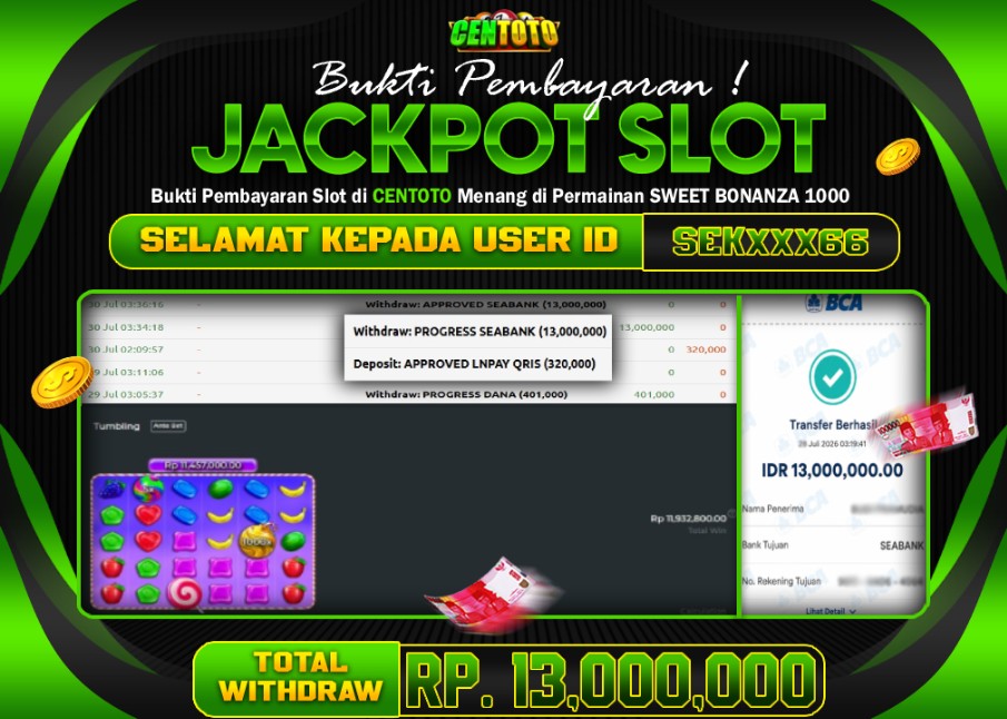 BUKTI JACKPOT LUNAS CENTOTO  RP 13.000.000,-LUNAS