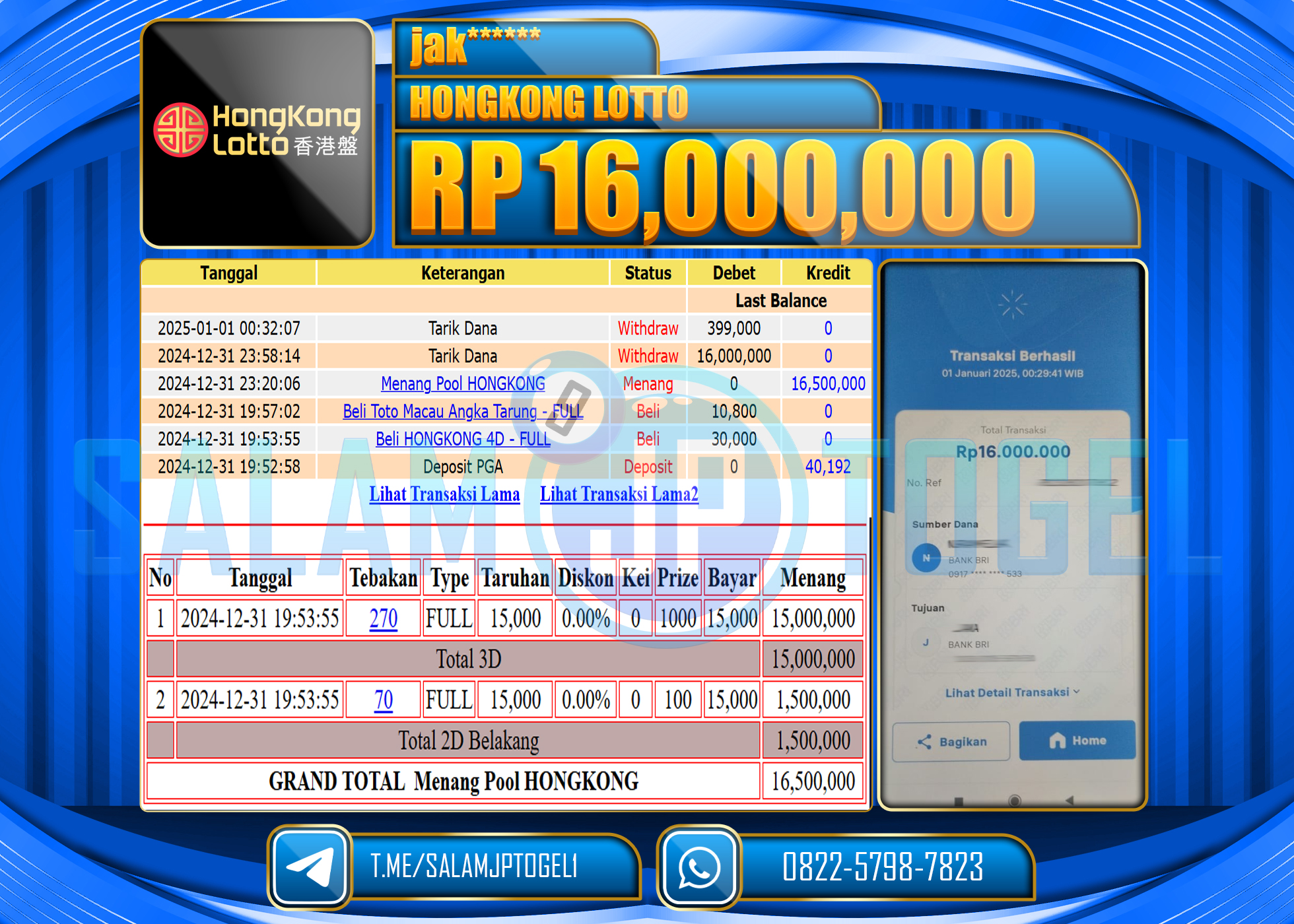 SALAMJPTOGEL MENANG HONGKONG LOTTO GAMES Rp.16,000,000 LUNAS