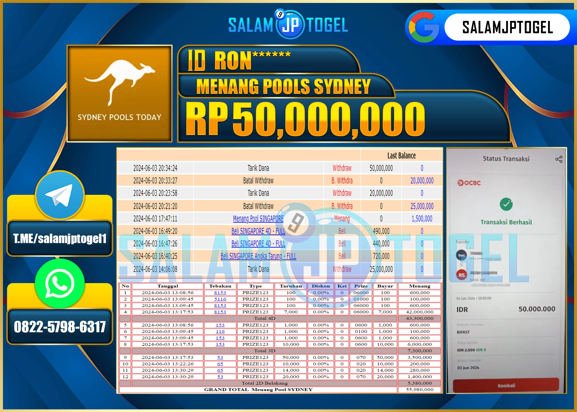 SALAMJPTOGEL MENANG SYDNEY POOLS RP. 50,000,000.,LUNAS