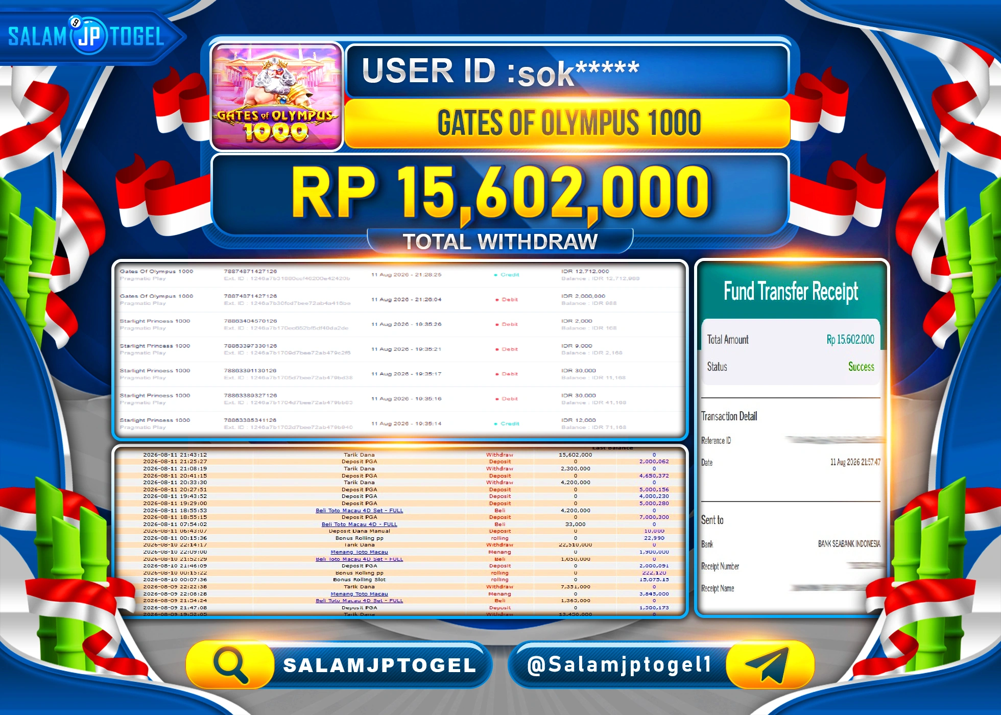 SALAMJPTOGEL JACKPOT MENANG SLOT GATES OF OLYMPUS 1000 Rp.15,602,000 - LUNAS