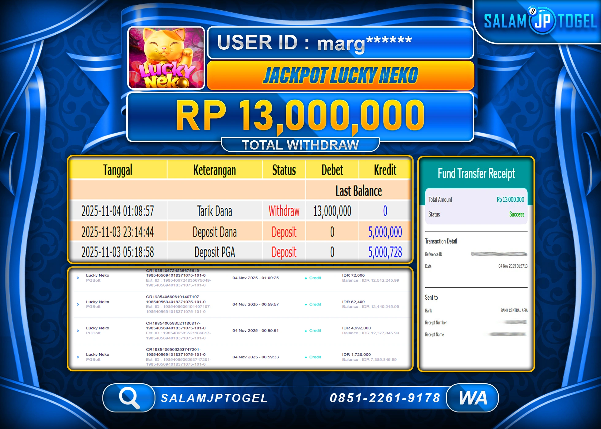 SALAMJPTOGEL  MENANG JACKPOT LUCKY NEKO Rp.13,000,000  - LUNAS