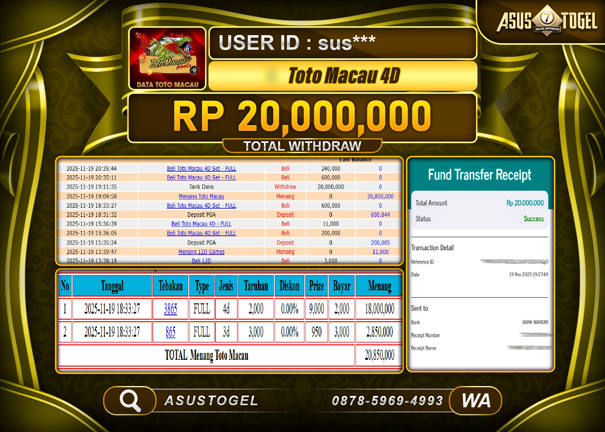 ASUSTOGEL KEMENANGAN DI TOGEL TOTO MACAU 4D SEBESAR 20,000,000 - RUPIAH LUNAS