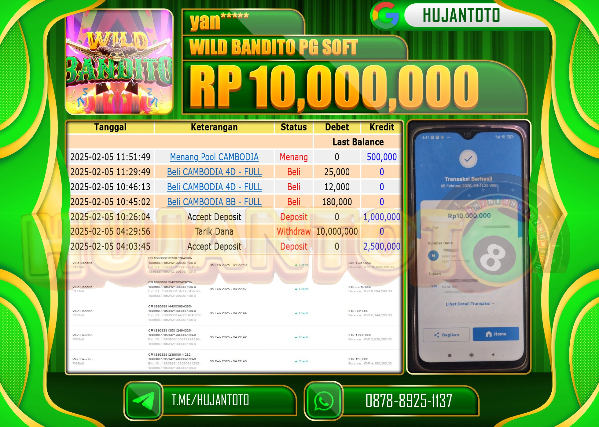 HUJANTOTO - BUKTI JACKPOT MENANG SLOT WILD BANDITO PG SOFT Rp,10,000,000 - TERBAYAR LUNAS