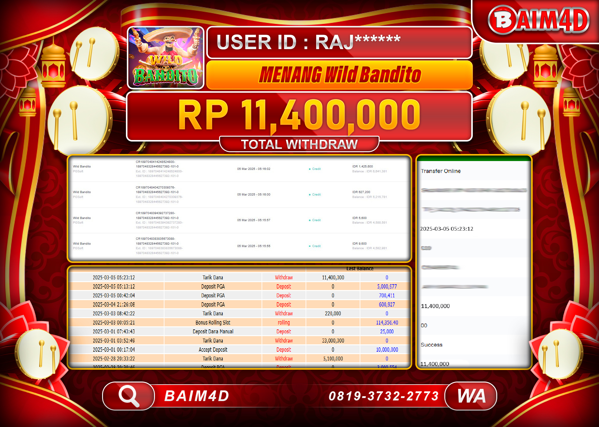 BAIM4D MENANG JACKPOT SLOT  Wild Bandito Rp.11.400,000.