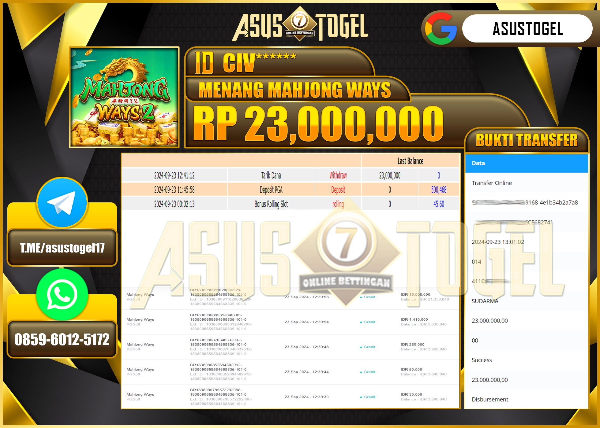ASUSTOGEL KEMENANGAN DI GAMES MAHJONG WAYS SEBESAR  23,000,000- RUPIAH LUNAS