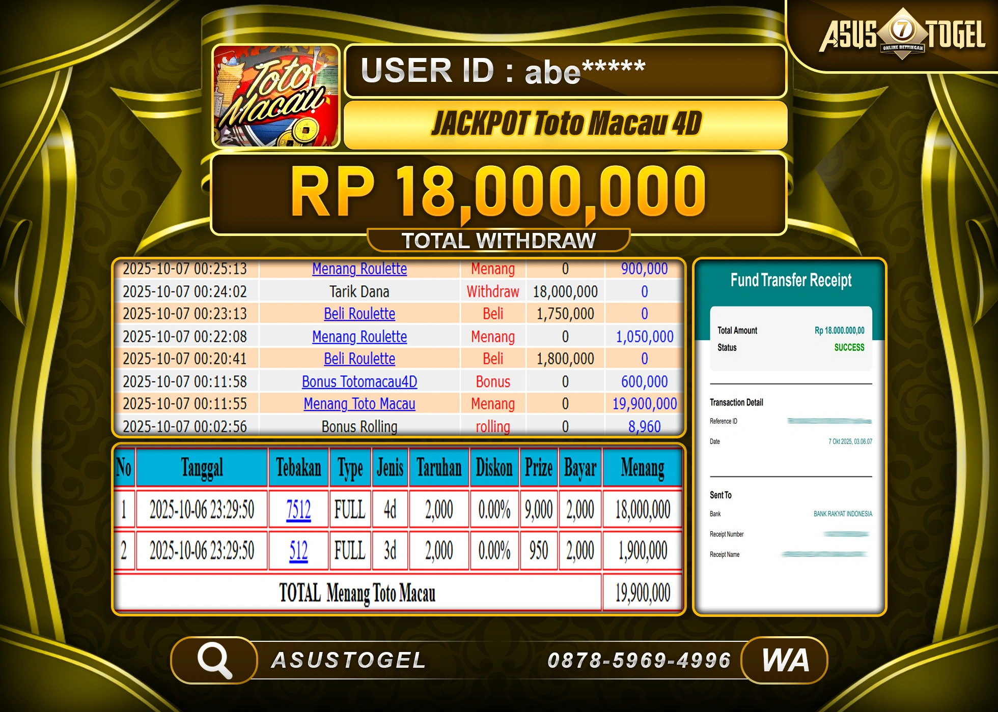 ASUSTOGEL KEMENANGAN DI TOGEL TOTO MACAU 4D SEBESAR 18,000,000- RUPIAH LUNAS