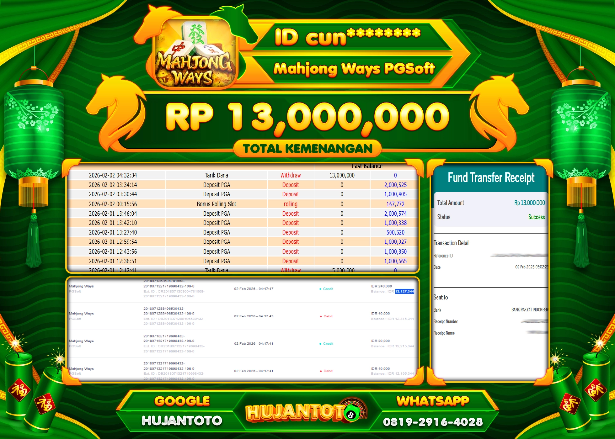 HUJANTOTO - BUKTI JACKPOT MENANG SLOT MAHJONG WAYS Rp.13,000,000 - TERBAYAR LUNAS