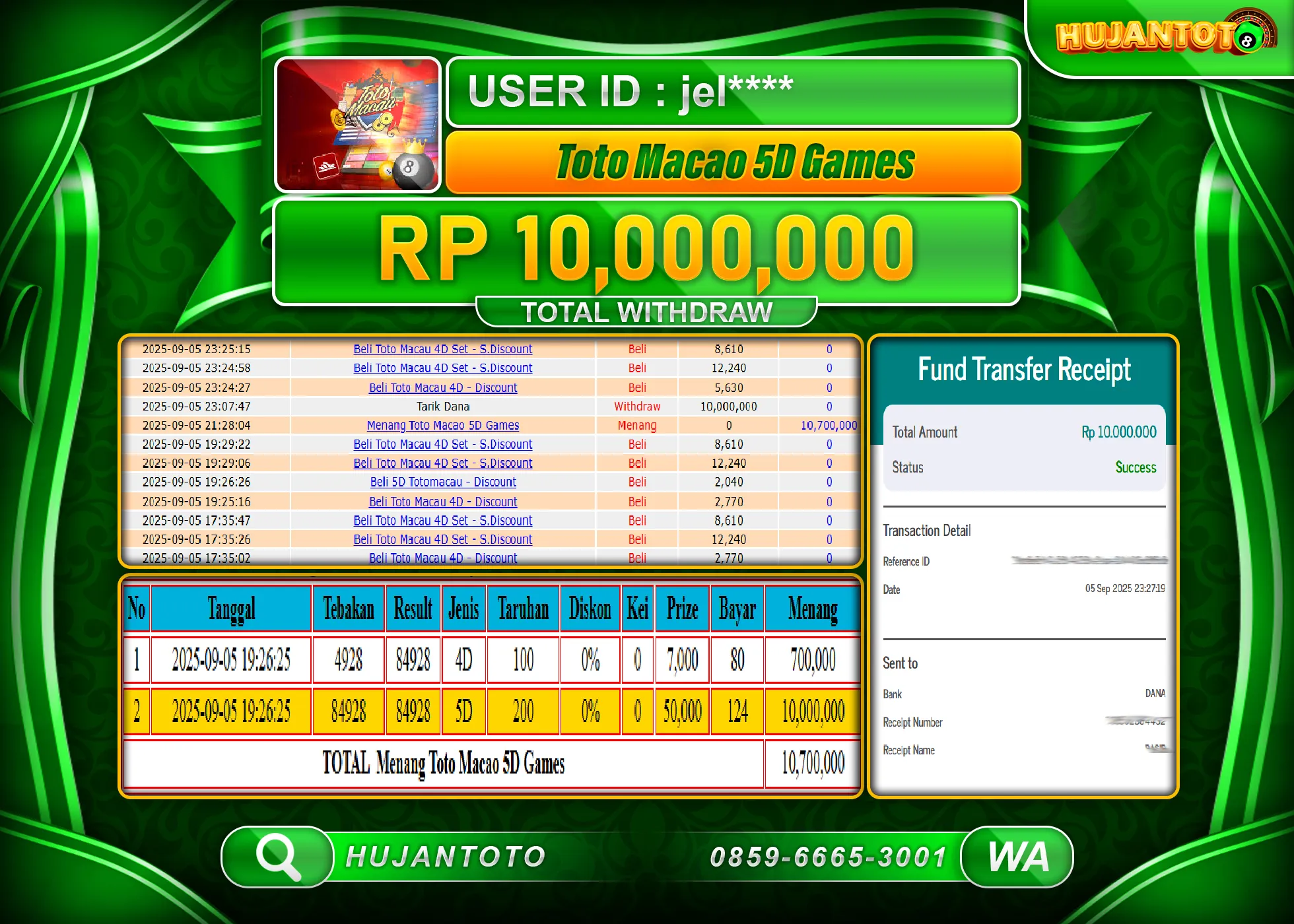 HUJANTOTO - BUKTI JACKPOT MENANG TOGEL TOTO MACAU 5D Rp.10,000,000 - TERBAYAR LUNAS