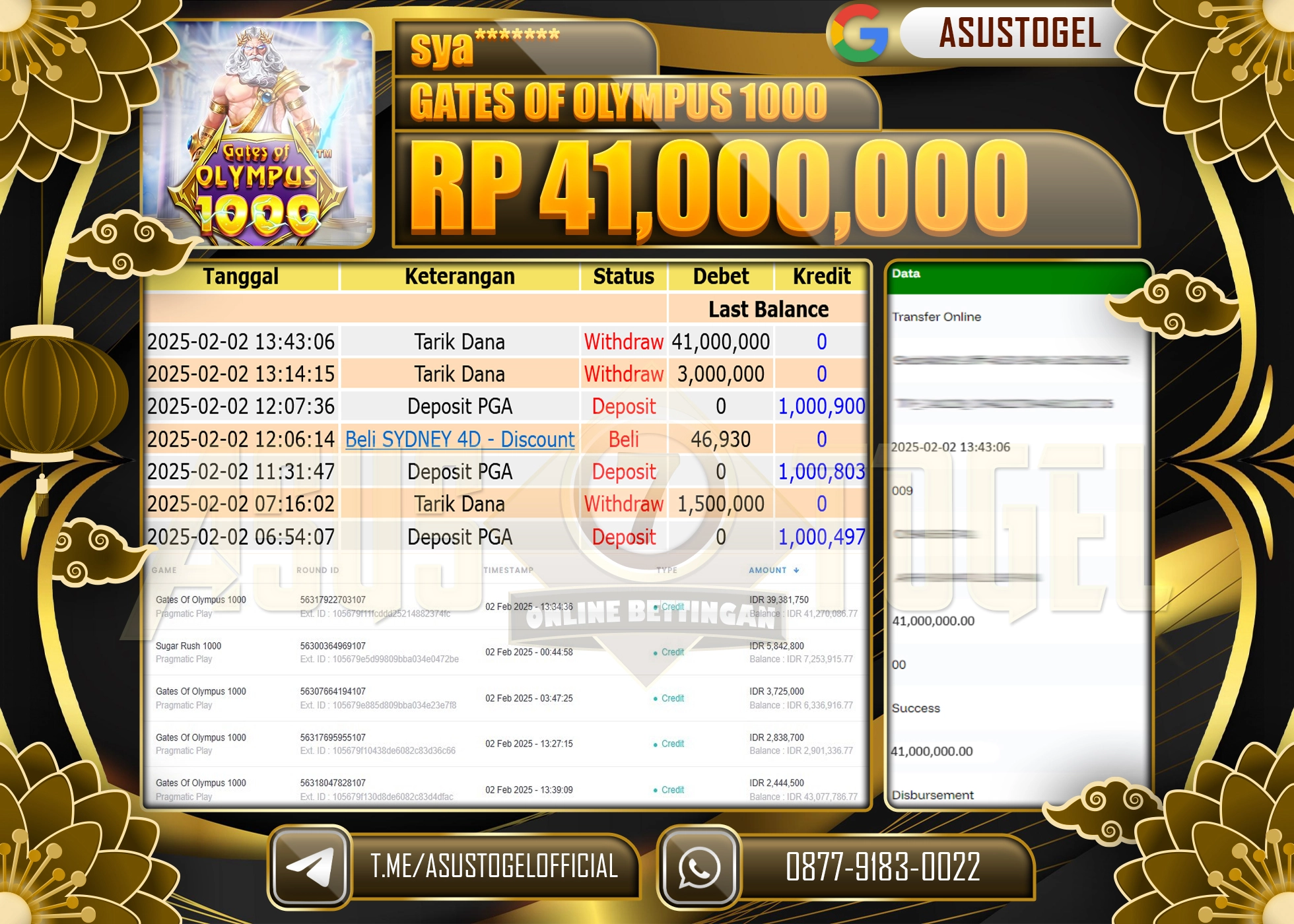 ASUSTOGEL KEMENANGAN DI GATES OF OLYMPUS 1000  SEBESAR 41,000,000 - RUPIAH LUNAS