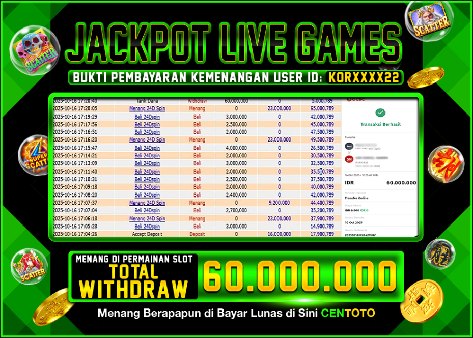 BUKTI JACKPOT LIVE GAMES CENTOTO RP.60.000.000,-LUNAS