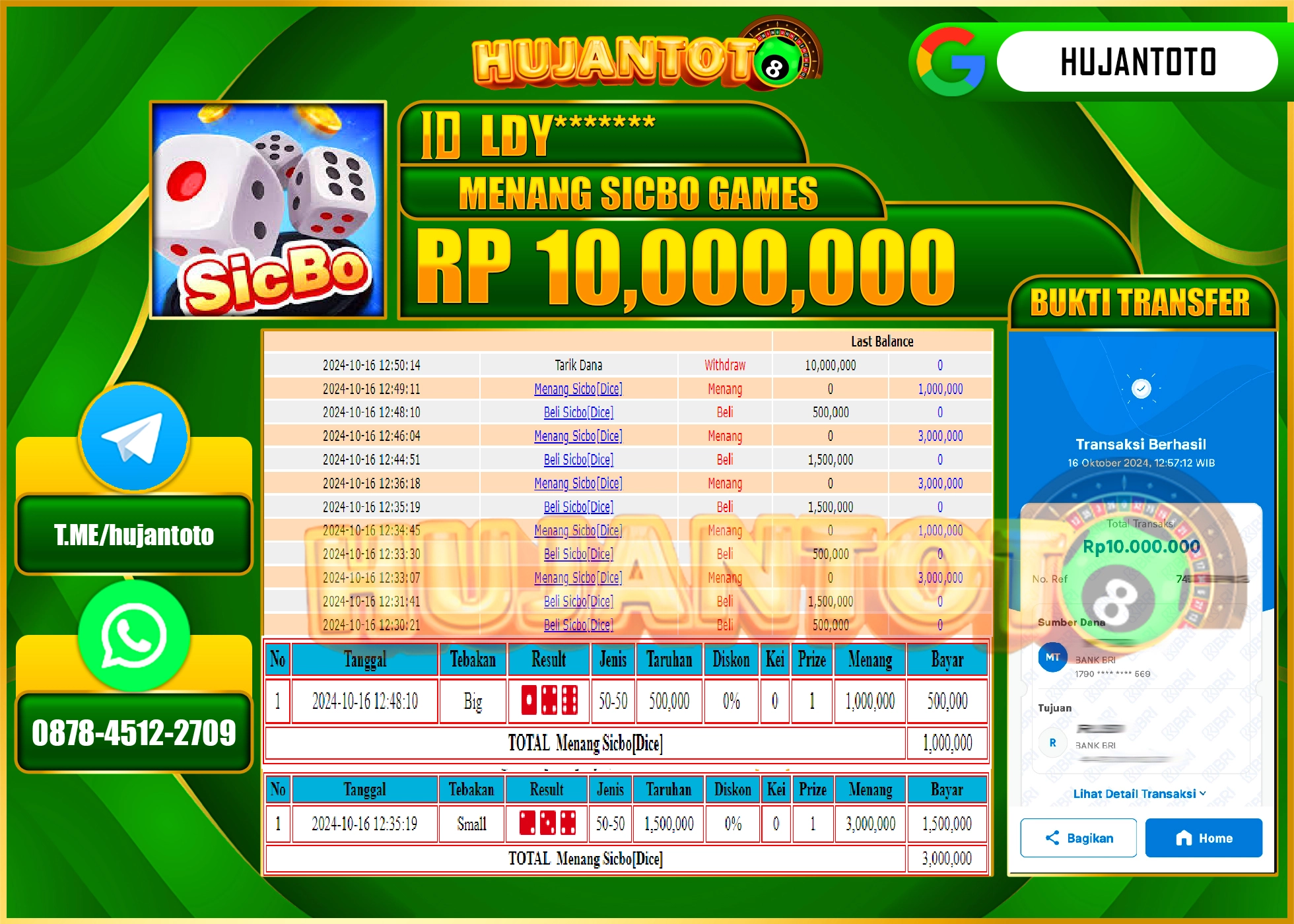 HUJANTOTO MENANG DI PERMAINAN LIVE GAME SICBO GAMES - 10,000,000- LUNAS