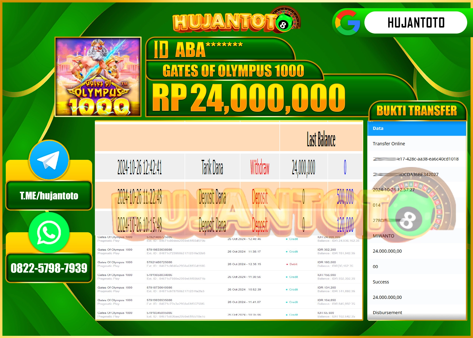 HUJANTOTO MENANG DI PERMAINAN GATES OF OLYMPUS 1000 - 24,000,000 - LUNAS