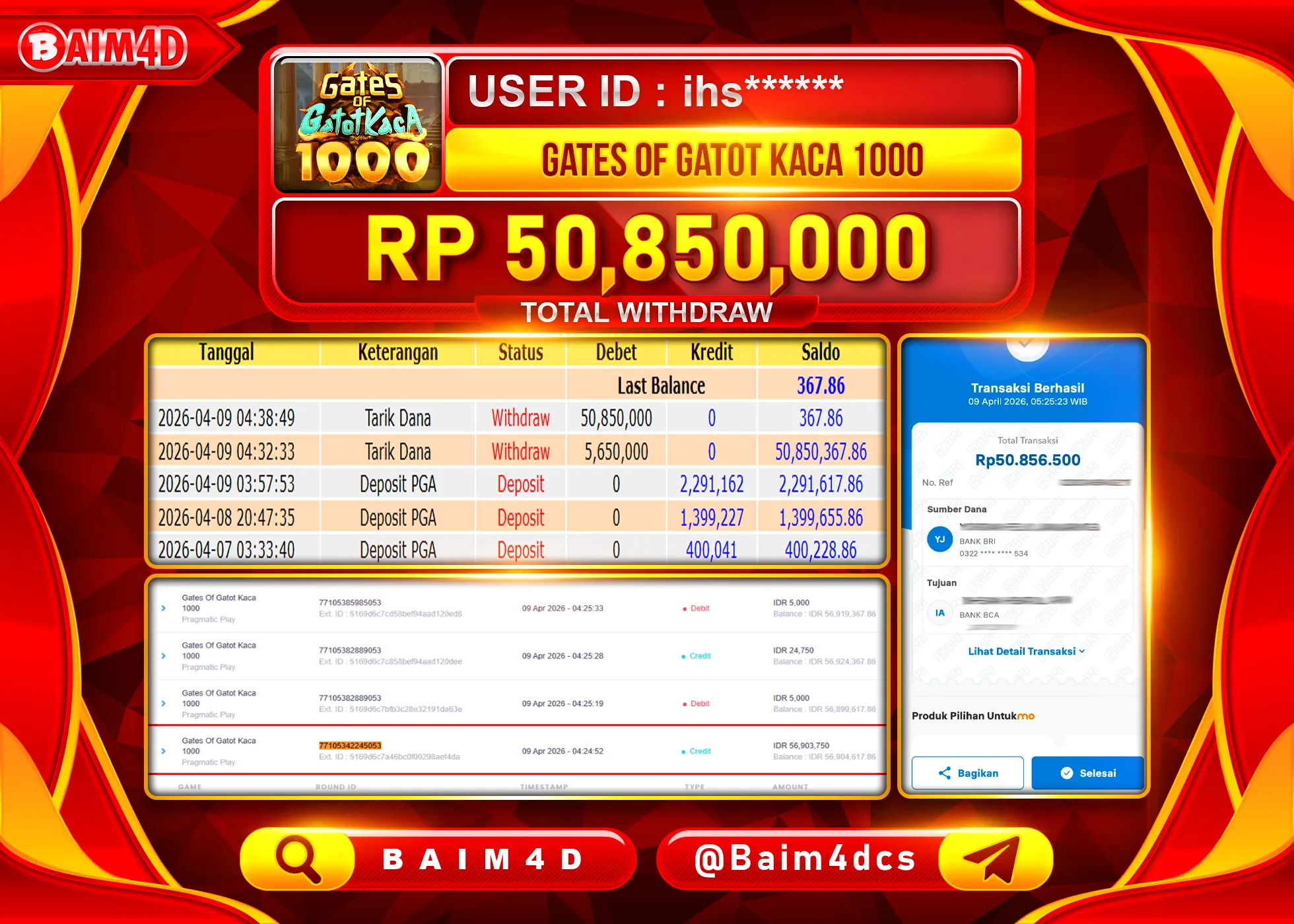 BAIM4D JACKPOT GATES OF GATOT KACA 1000 Rp.50,850,000 - LUNAS