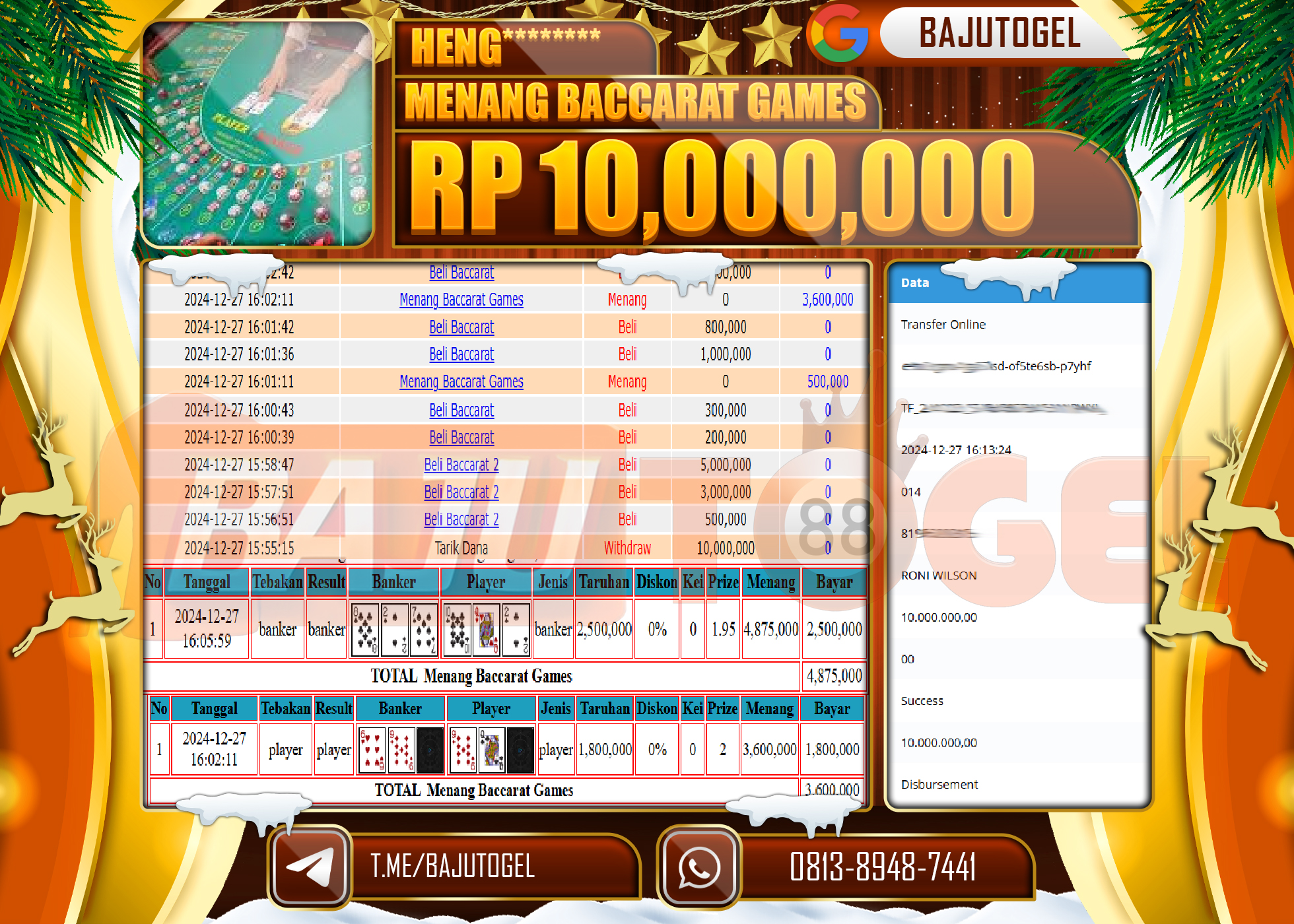 BAJUTOGEL JACKPOT BACCARAT GAMES Rp.10.000.000 LUNAS