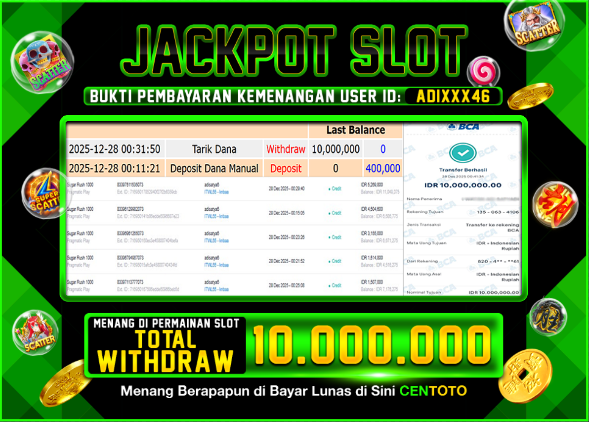 BUKTI JACKPOT SLOT CENTOTO  RP.10.000.000,-LUNAS