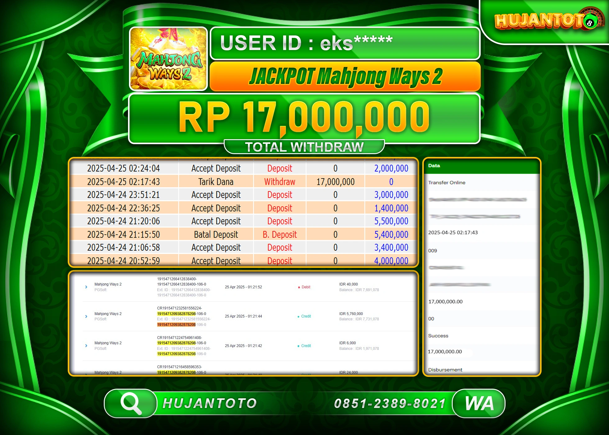 HUJANTOTO - BUKTI JACKPOT MENANG SLOT MAHJONG WAYS 2 Rp,17,000,000 - TERBAYAR LUNAS