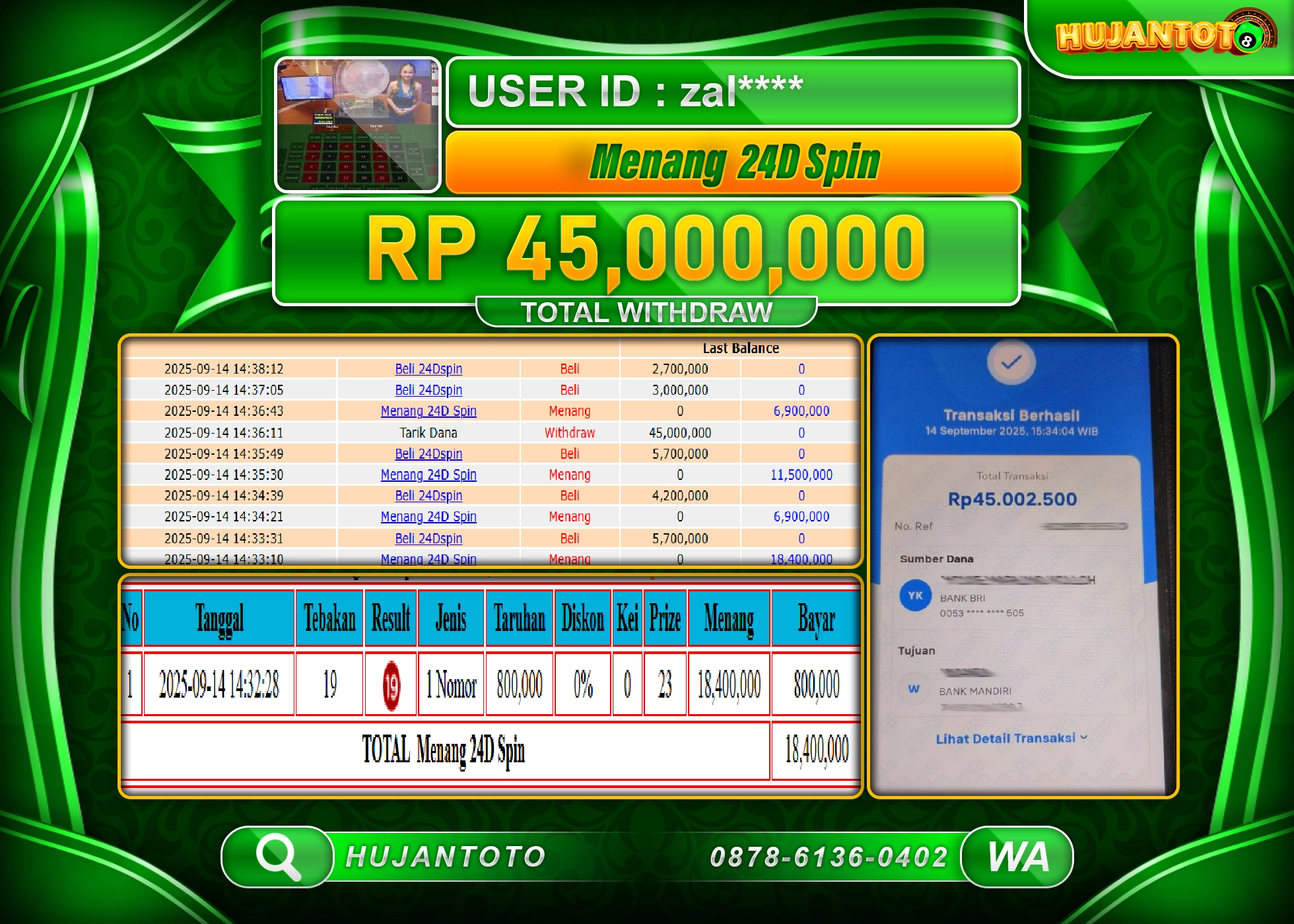 HUJANTOTO - BUKTI JACKPOT MENANG LIVEGAMES 24D SPIN Rp.45,000,000 - TERBAYAR LUNAS
