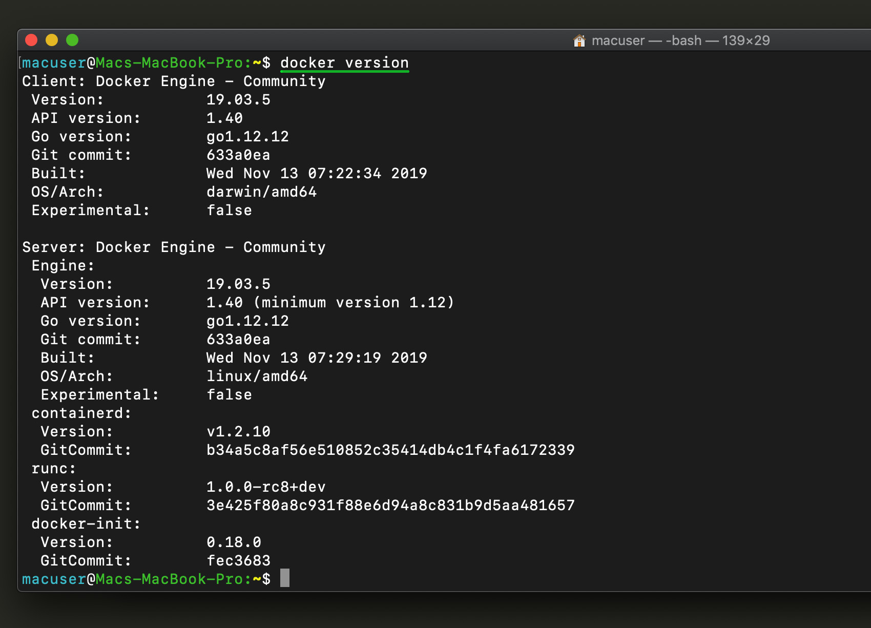 Screenshot of the Docker version for Redis and Docker