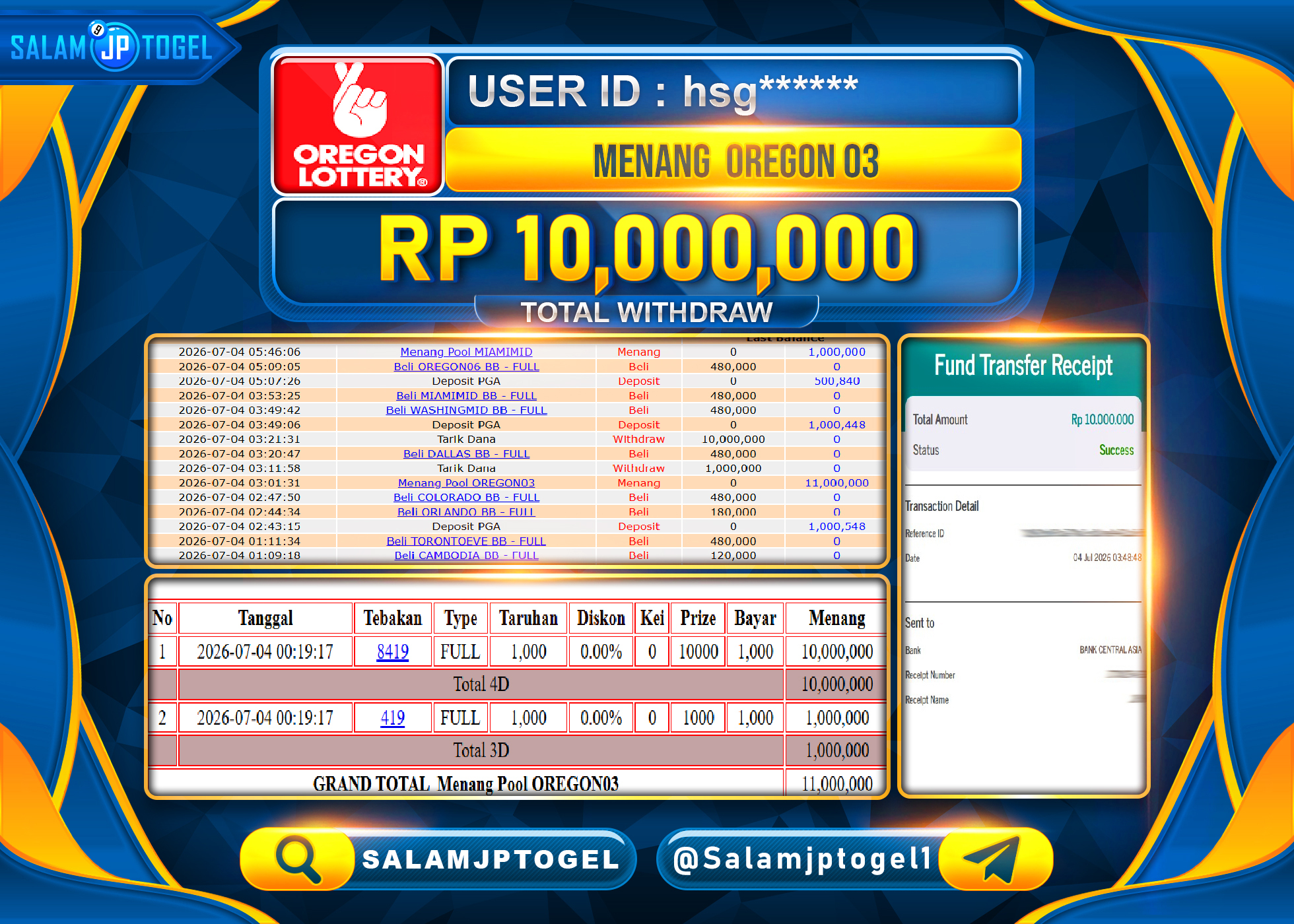 SALAMJPTOGEL Menang JACKPOT MENANG OREGON03 (TOGEL) Rp.10,000,000- LUNAS
