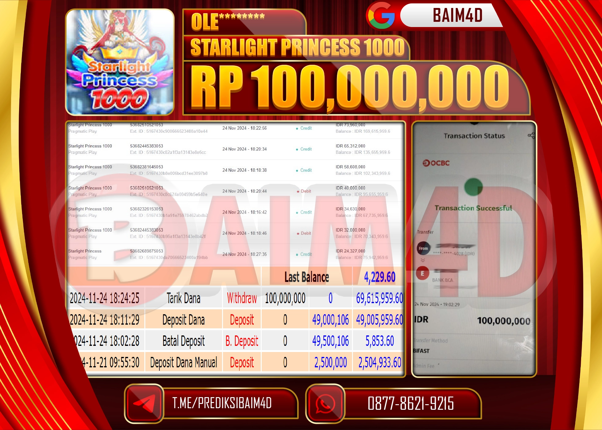 BAIM4D JACKPOT STARLIGHT PRINCESS 1000 Rp.100.000,000.- LUNAS