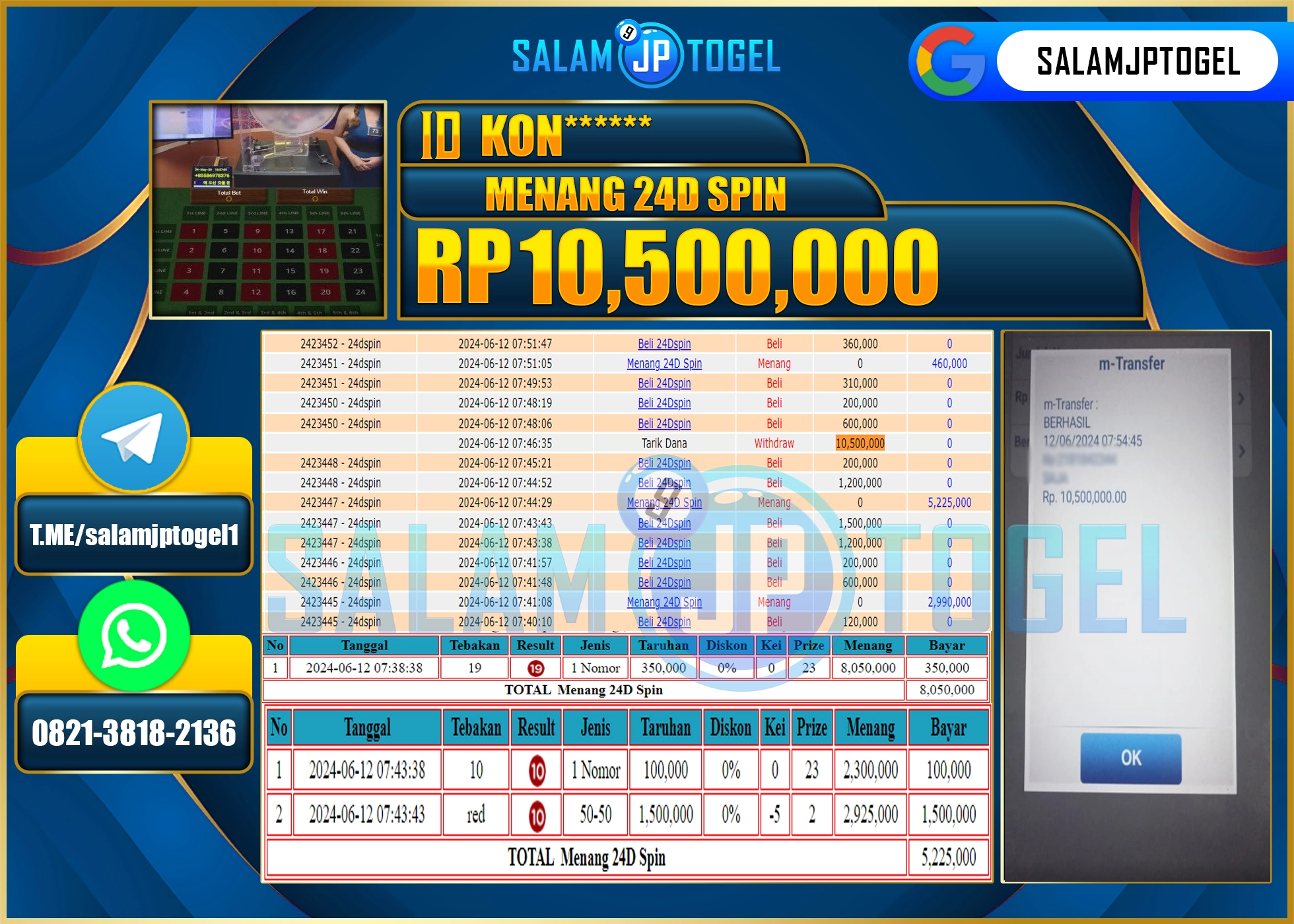 SALAMJPTOGEL MENANG GAME 24D SPIN RP. 10,500,000.,LUNAS