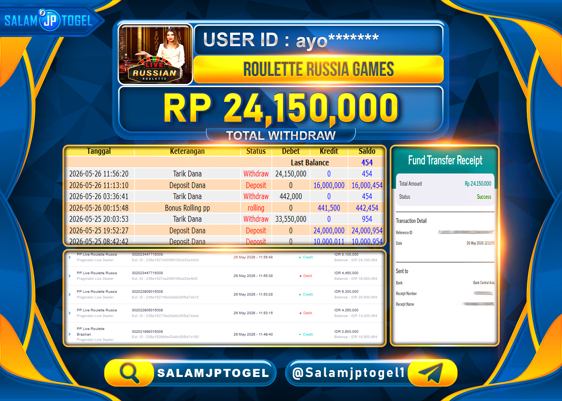 SALAMJPTOGEL JACKPOT PP Live Roulette Russia (Pragmatic) Rp.24,150,000 - LUNAS