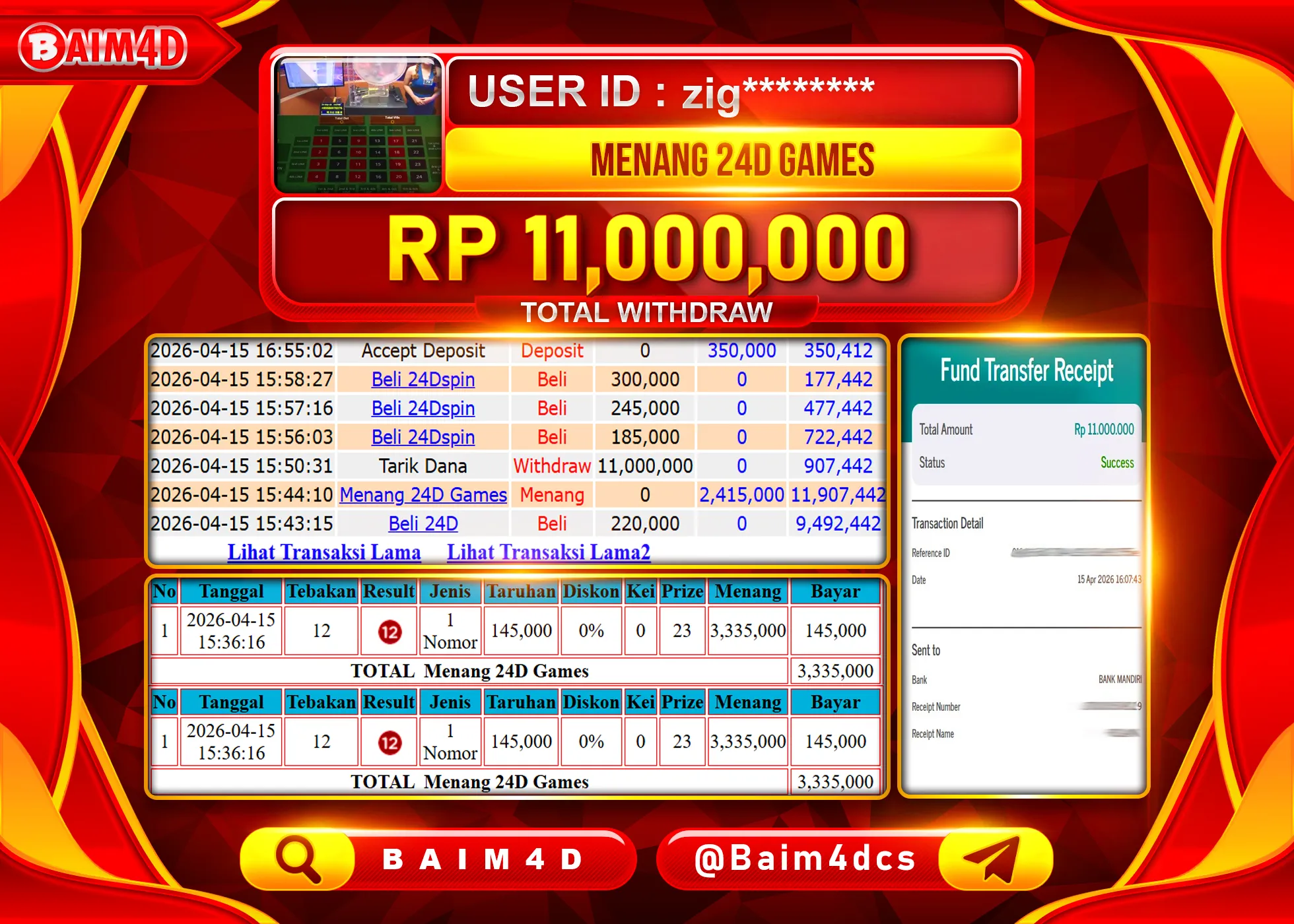 BAIM4D JACKPOT MENANG 24D GAMES Rp.11,000,000 - LUNAS