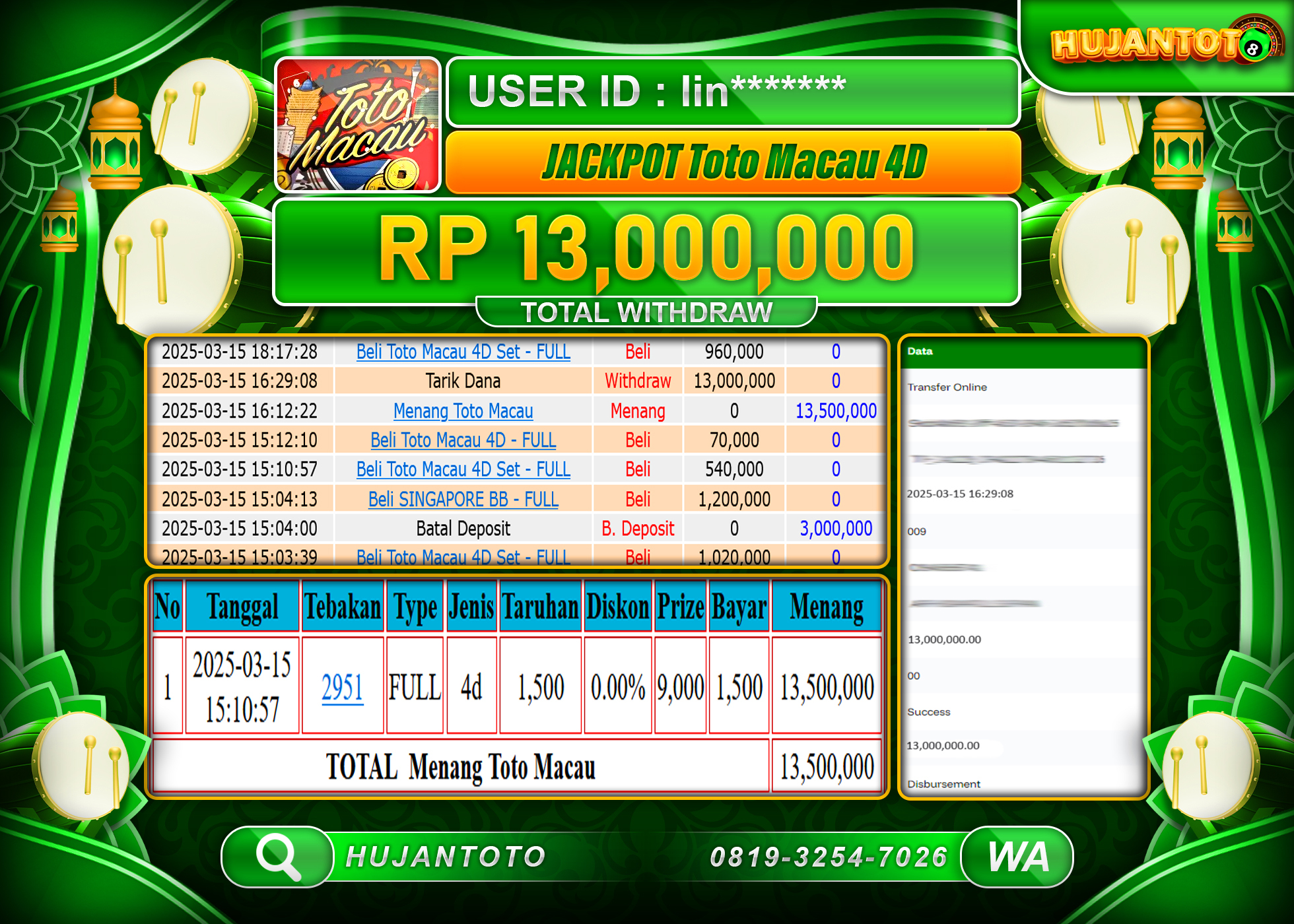 HUJANTOTO - BUKTI JACKPOT MENANG DI GAME TOTO MACAU 4D , Rp,13,000,000 - TERBAYAR LUNAS
