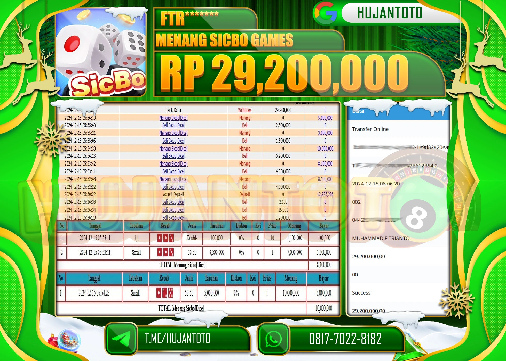 HUJANTOTO ATAS KEMENANGAN BESAR YANG DI RAIH DI PERMAINAN SICBO LIVE GAMES - 29,200,000 - TERBAYAR LUNAS
