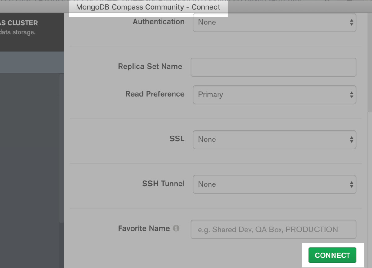 Screenshot of a MongoDB Compass GUI application with the green CONNECT button highlighted