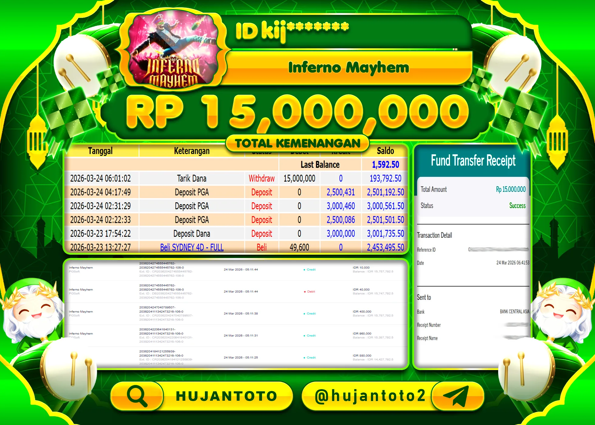 HUJANTOTO - BUKTI JACKPOT MENANG SLOT INFERNO MAYHEM Rp.15,000,000 - TERBAYAR LUNAS