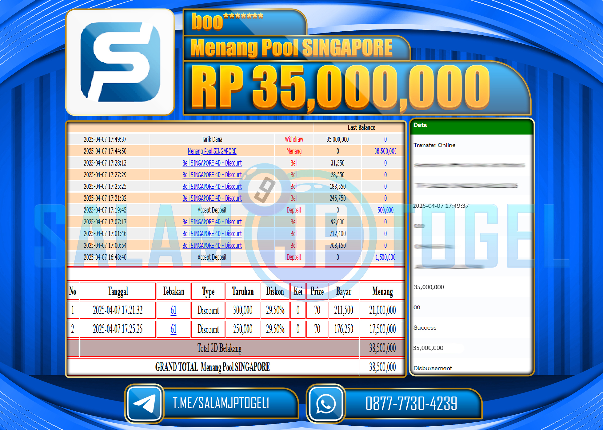 SALAMJPTOGEL MENANG SINGAPORE POOLS Rp. 15,000,000 LUNAS