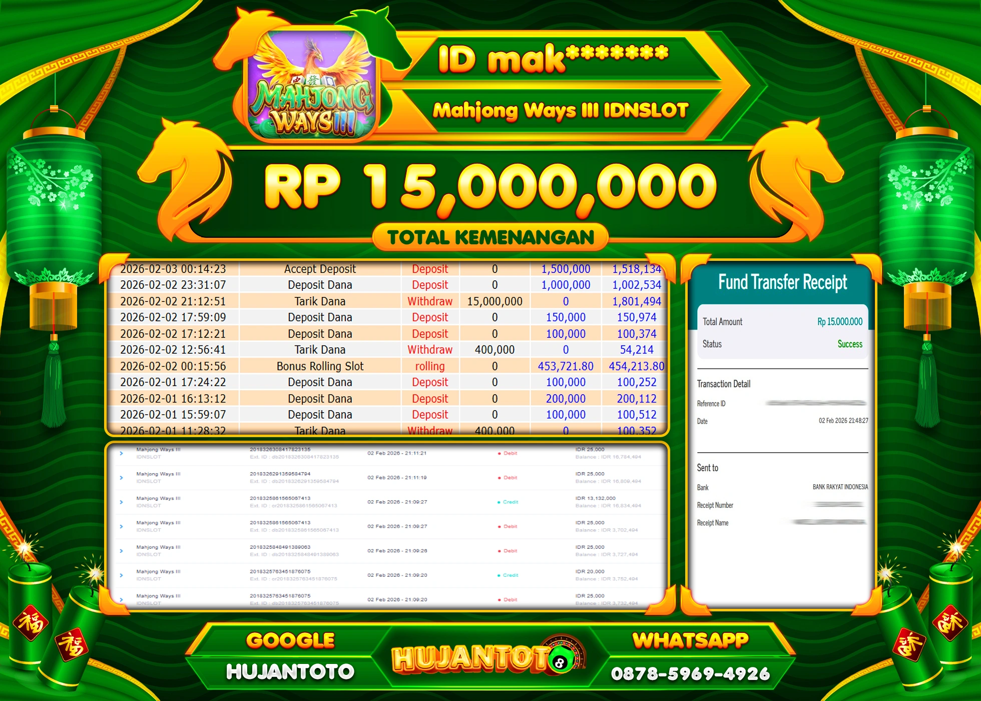 HUJANTOTO - BUKTI JACKPOT MENANG SLOT MAHJONG WAYS 3 IDNSLOT Rp.15,000,000 - TERBAYAR LUNAS