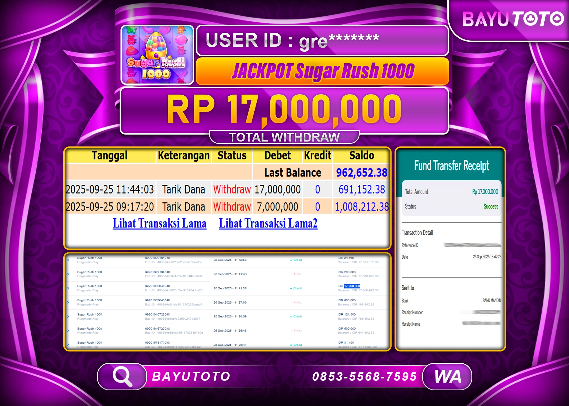BAYUTOTO JACKPOT  DI GAME SLOT PRAGMATIC PLAY SUGAR RUSH 1000  Rp.17.000.000 LUNAS