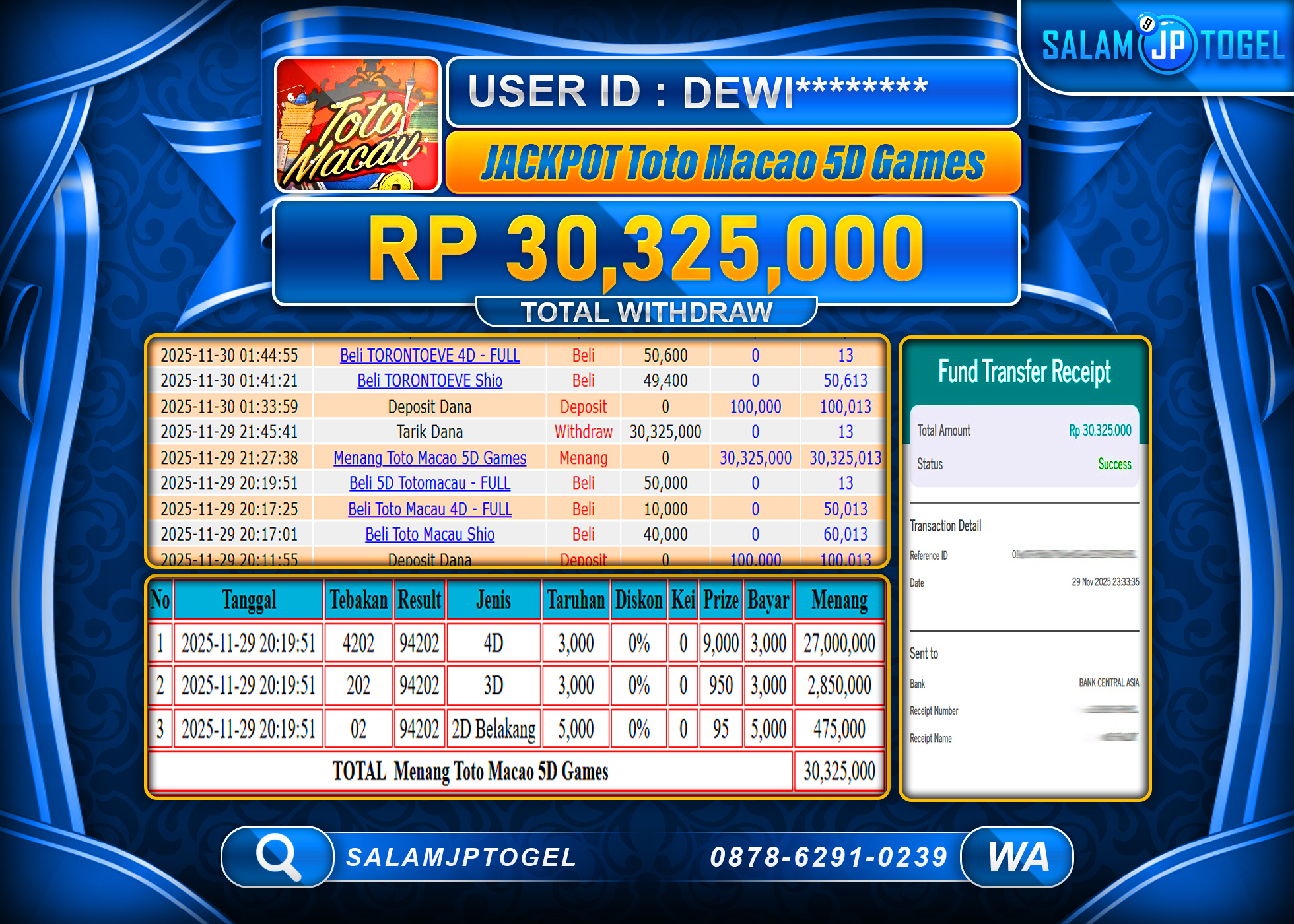 SALAMJPTOGEL MENANG TOGEL TOTO MACAU 5D Rp.30,325,000  - LUNAS
