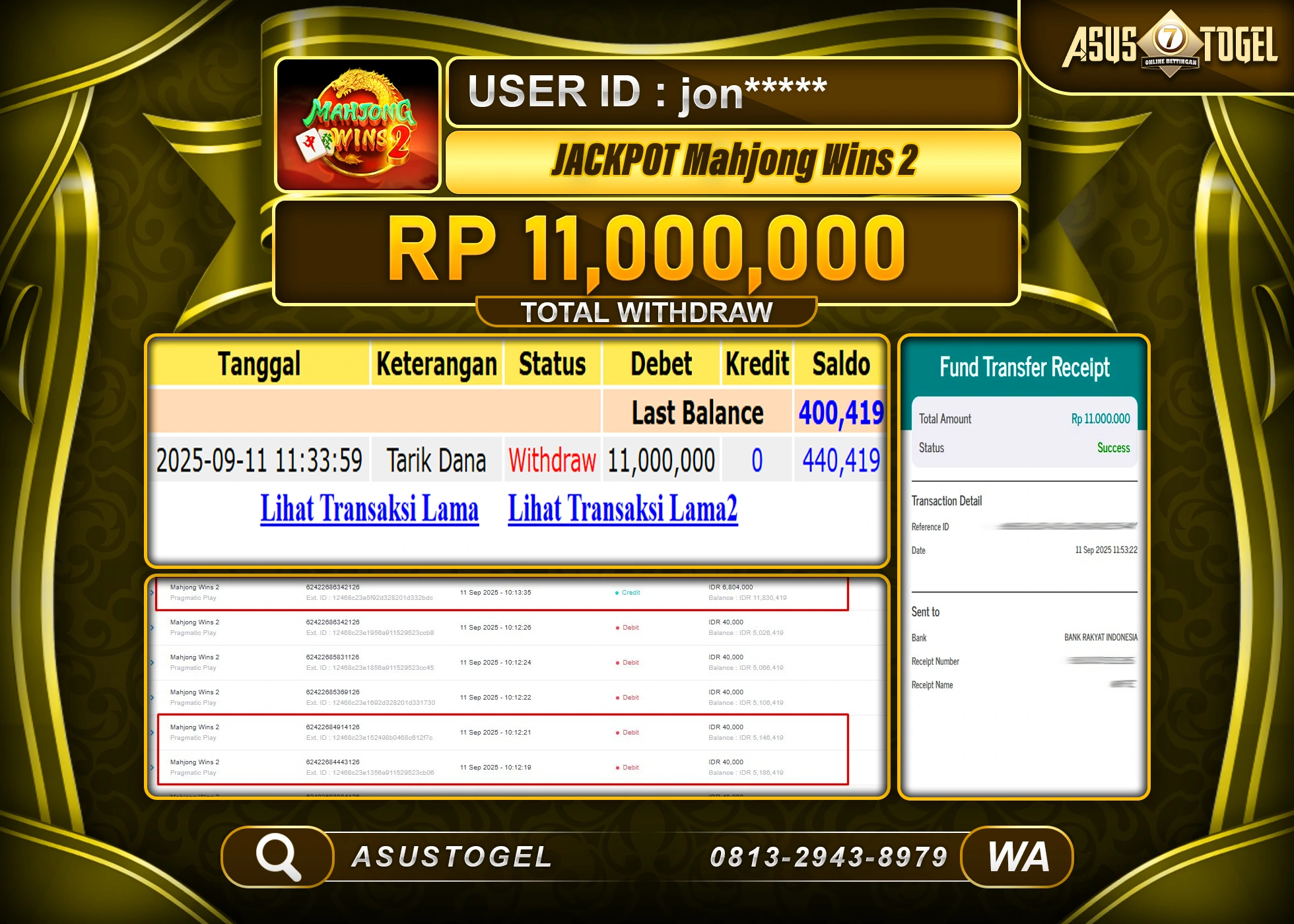 ASUSTOGEL KEMENANGAN DI SLOT MAHJONG WINS 2 SEBESAR 11,000,000- RUPIAH LUNAS 