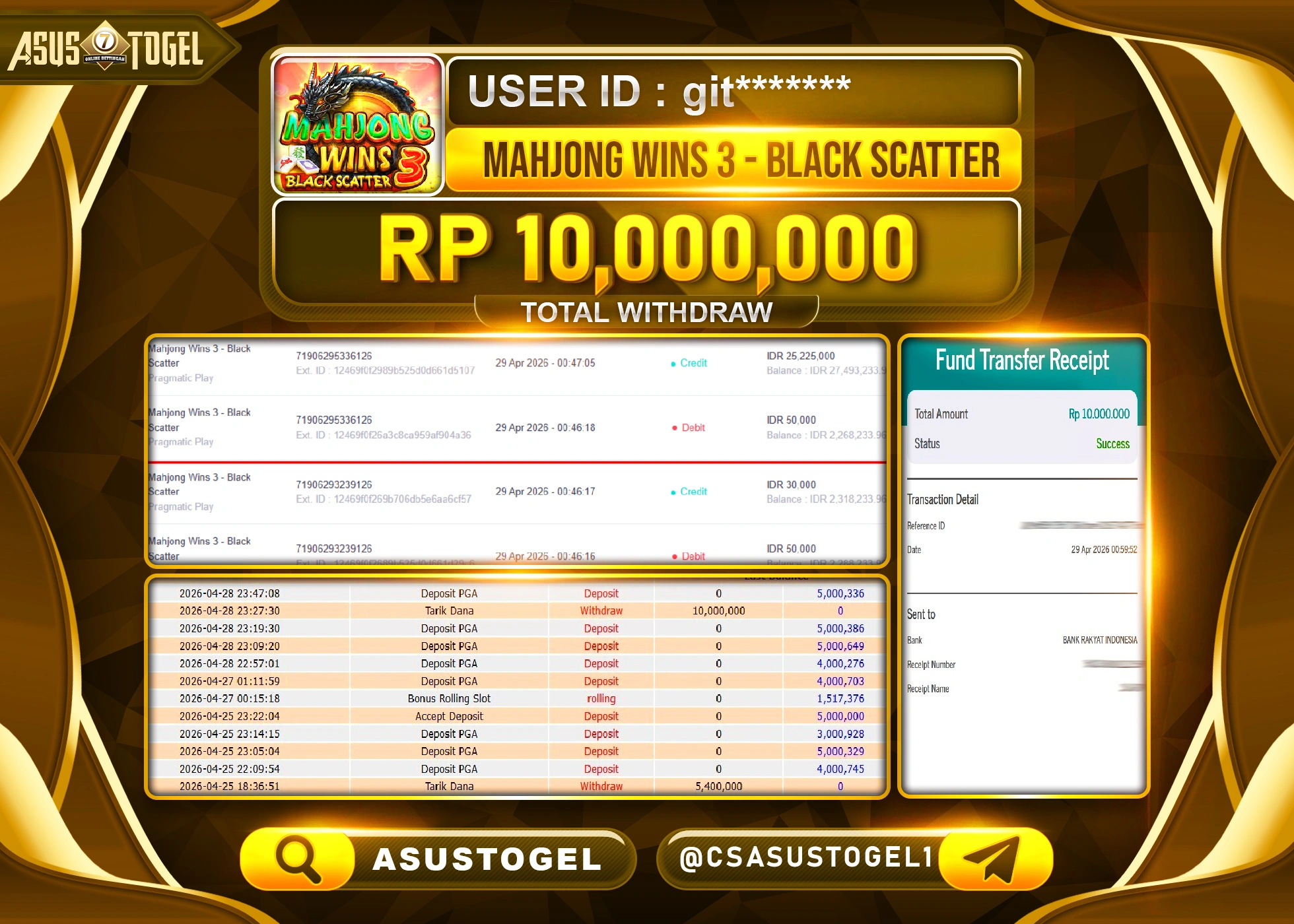 ASUSTOGEL KEMENANGAN JACKPOT DI PERMAINAN MAHJONG WINS 3 SEBESAR Rp.10,000,000 - RUPIAH LUNAS