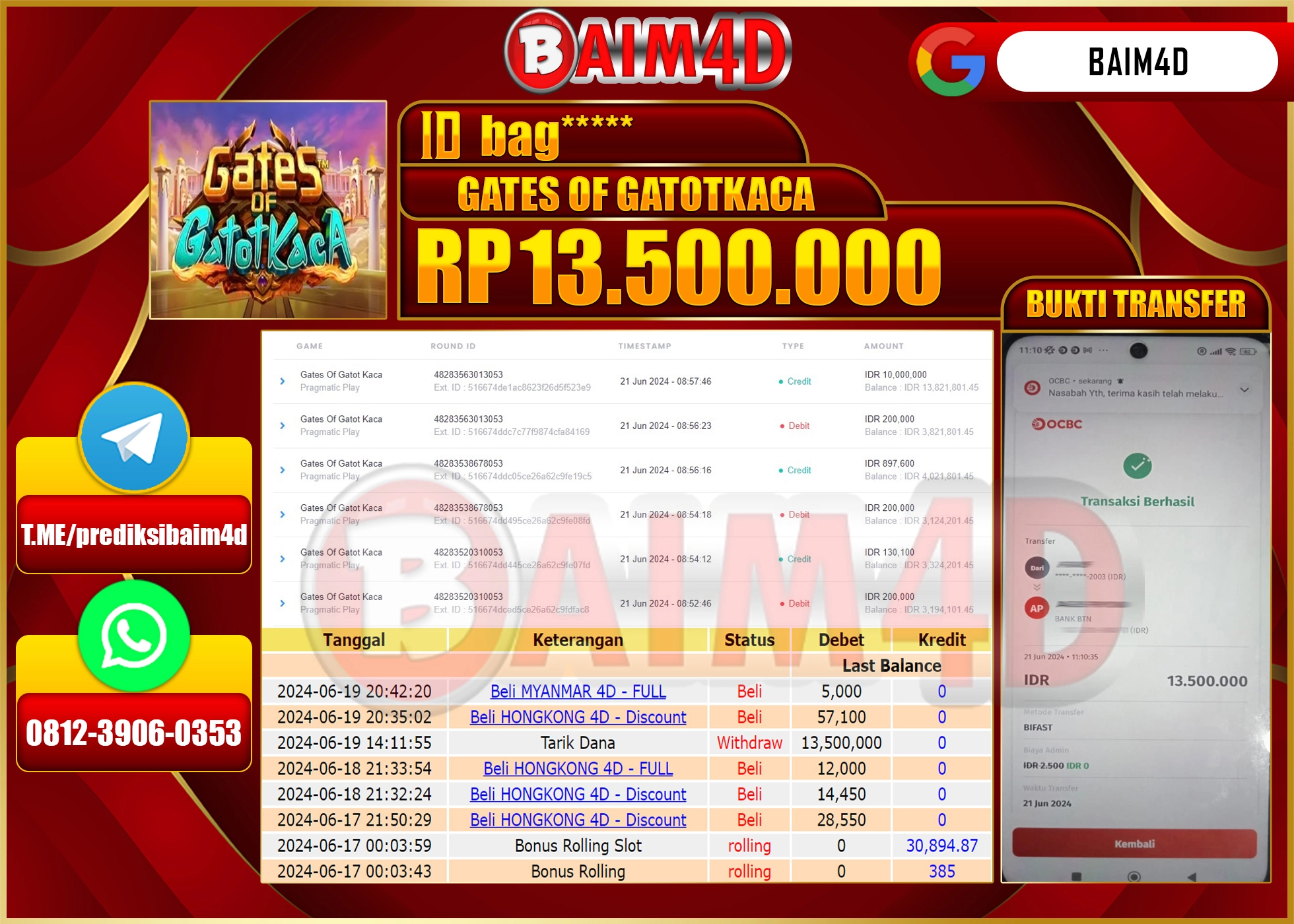 BAIM4D JACKPOT GATES OF GATOTKACA Rp.13,500,000.- LUNAS