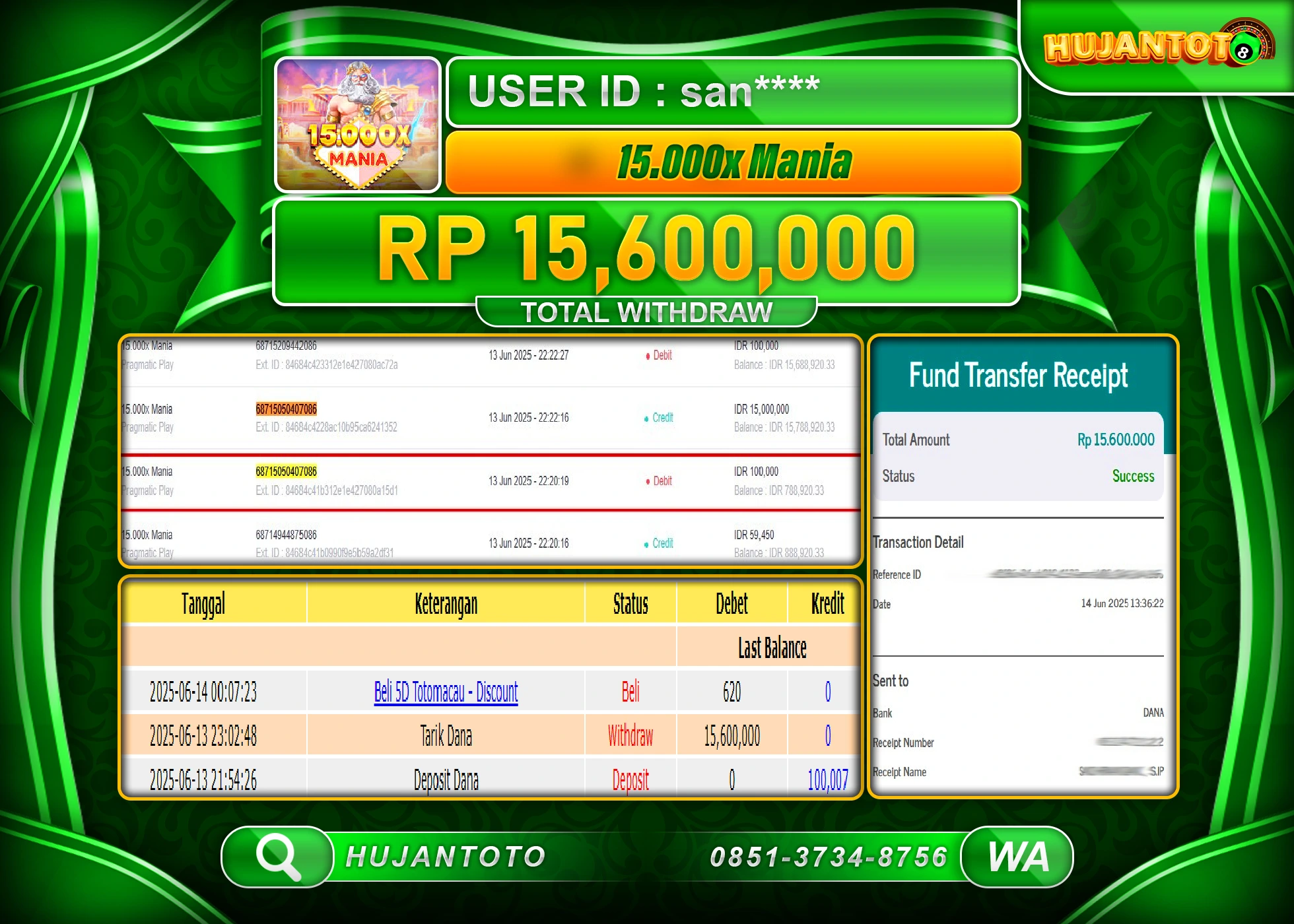 HUJANTOTO - BUKTI JACKPOT MENANG SLOT 15.0000 X MANIA Rp,15,600,000 - TERBAYAR LUNAS