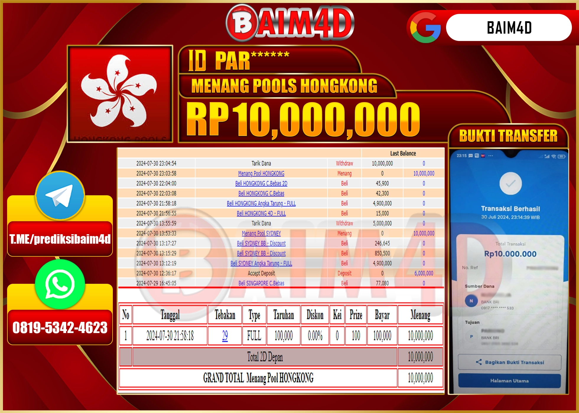 BAIM4D JACKPOT  POOLS HONGKONG Rp.10.000,000.- LUNAS