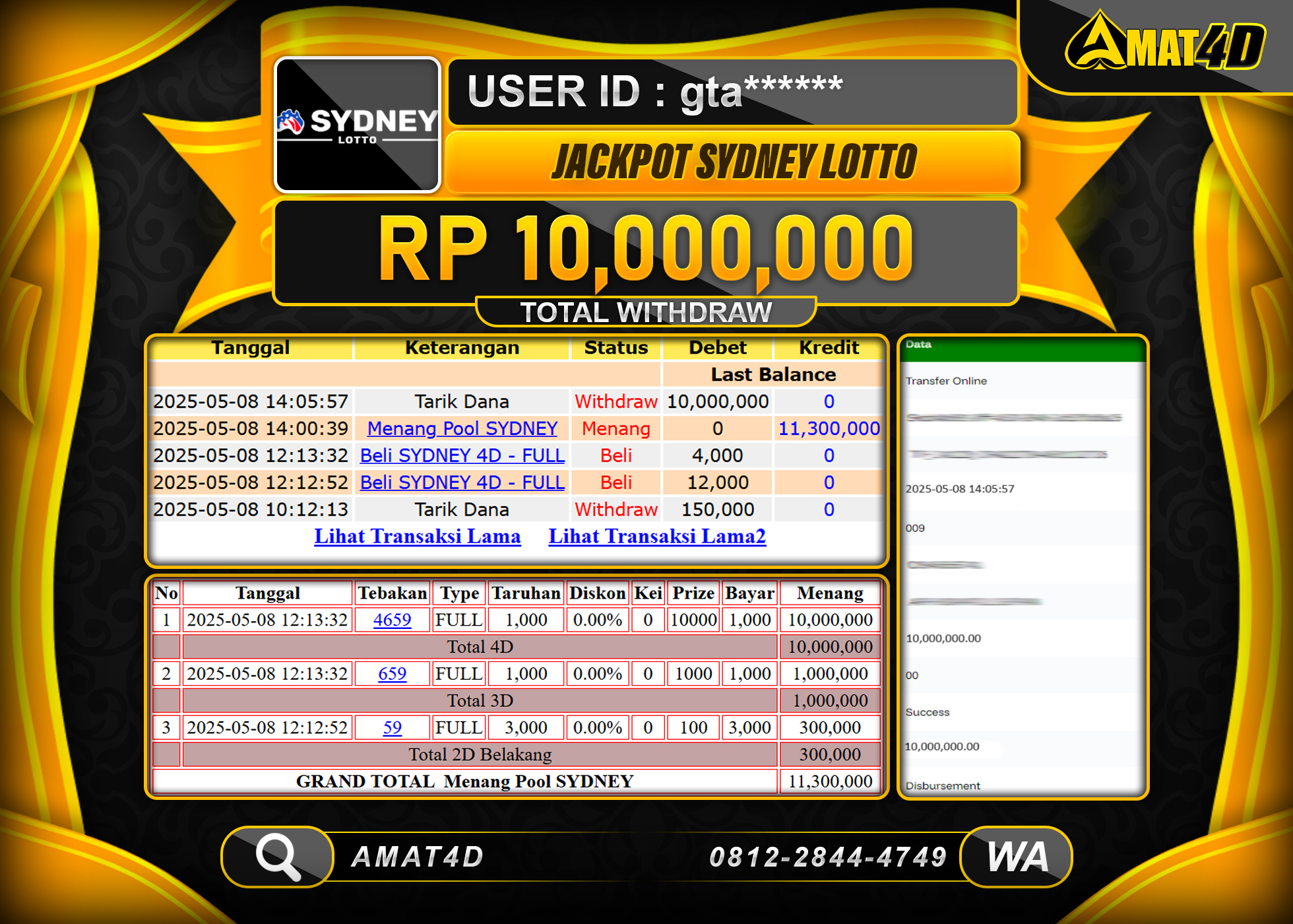 AMAT4D KEMENANGAN PASARAN SIDNEY LOTTO Rp.10.000.000 BERHASIL TERBAYAR LUNAS