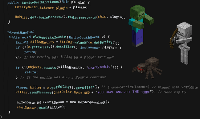Snippet of code from the plugin along with a zombie, skeleton, and a spider mob.