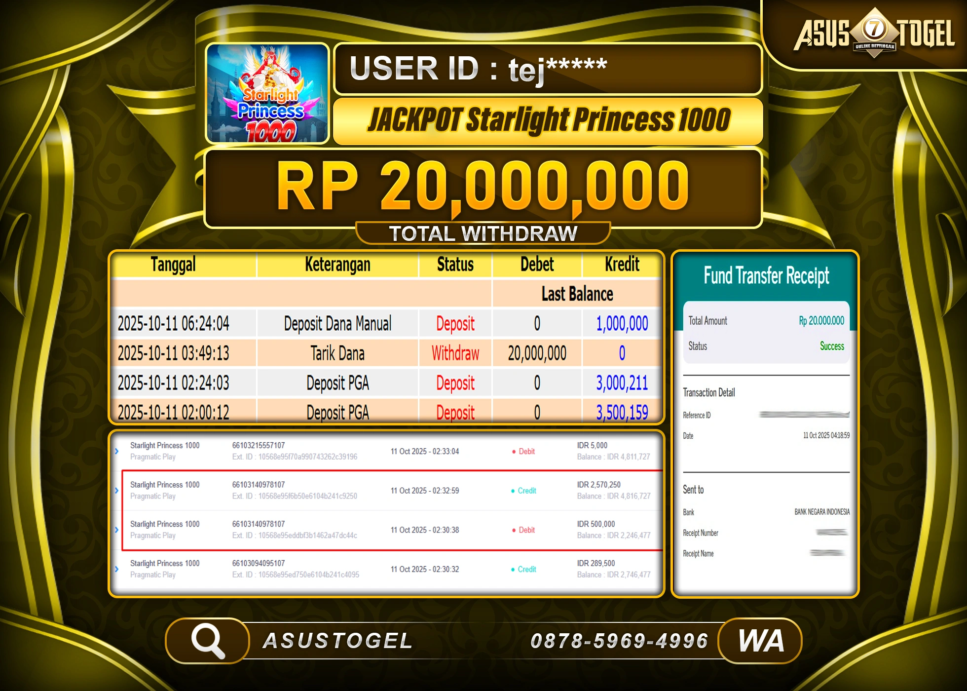 ASUSTOGEL KEMENANGAN DI SLOT STARLIGHT PRINCESS 1000 SEBESAR 20,000,000- RUPIAH LUNAS