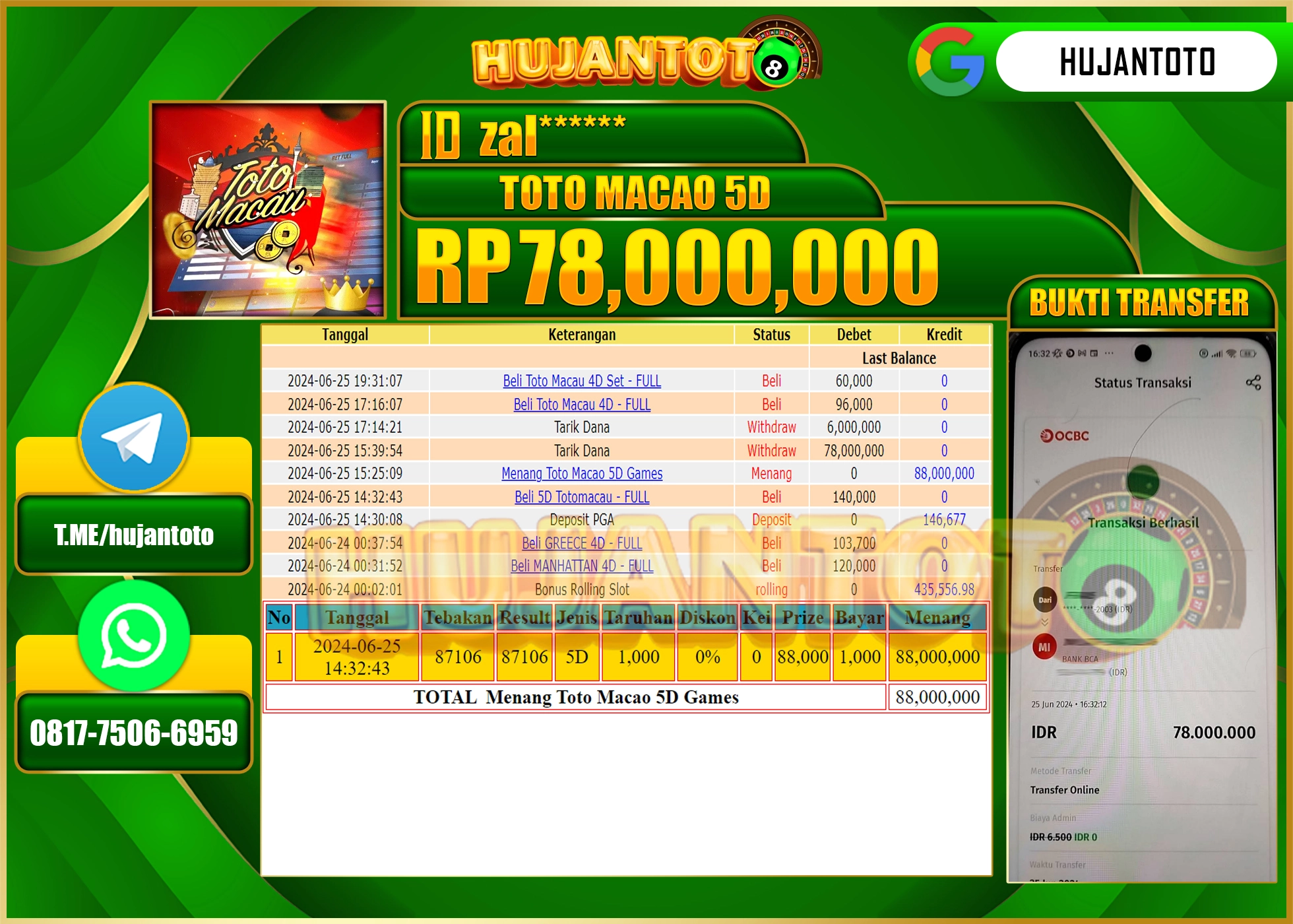 HUJANTOTO MENANG TOGEL TOTOMACAU 5D WD 78.000,000 - LUNAS 
